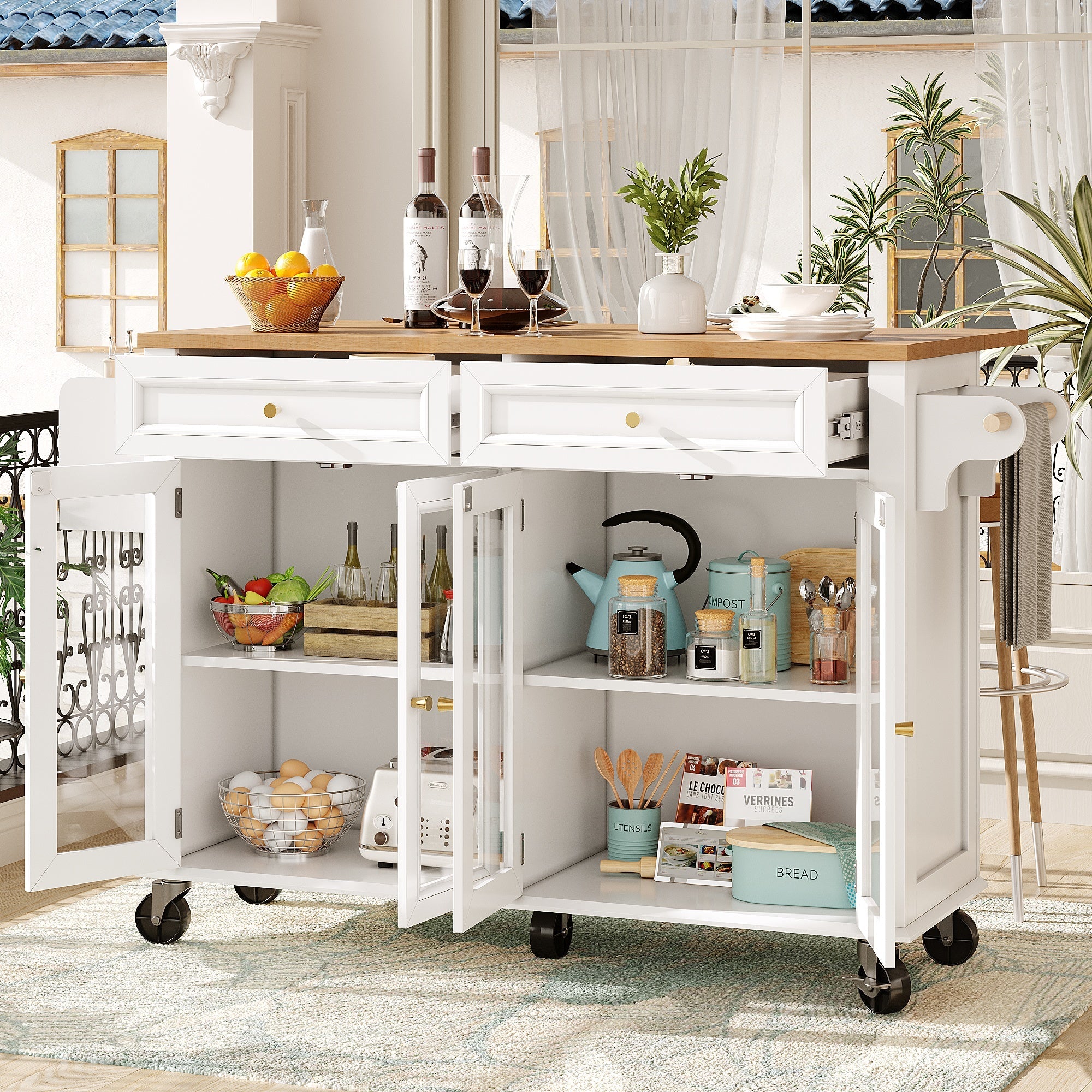 Kitchen Island Multifunctional with Wheels Glass Doors, White