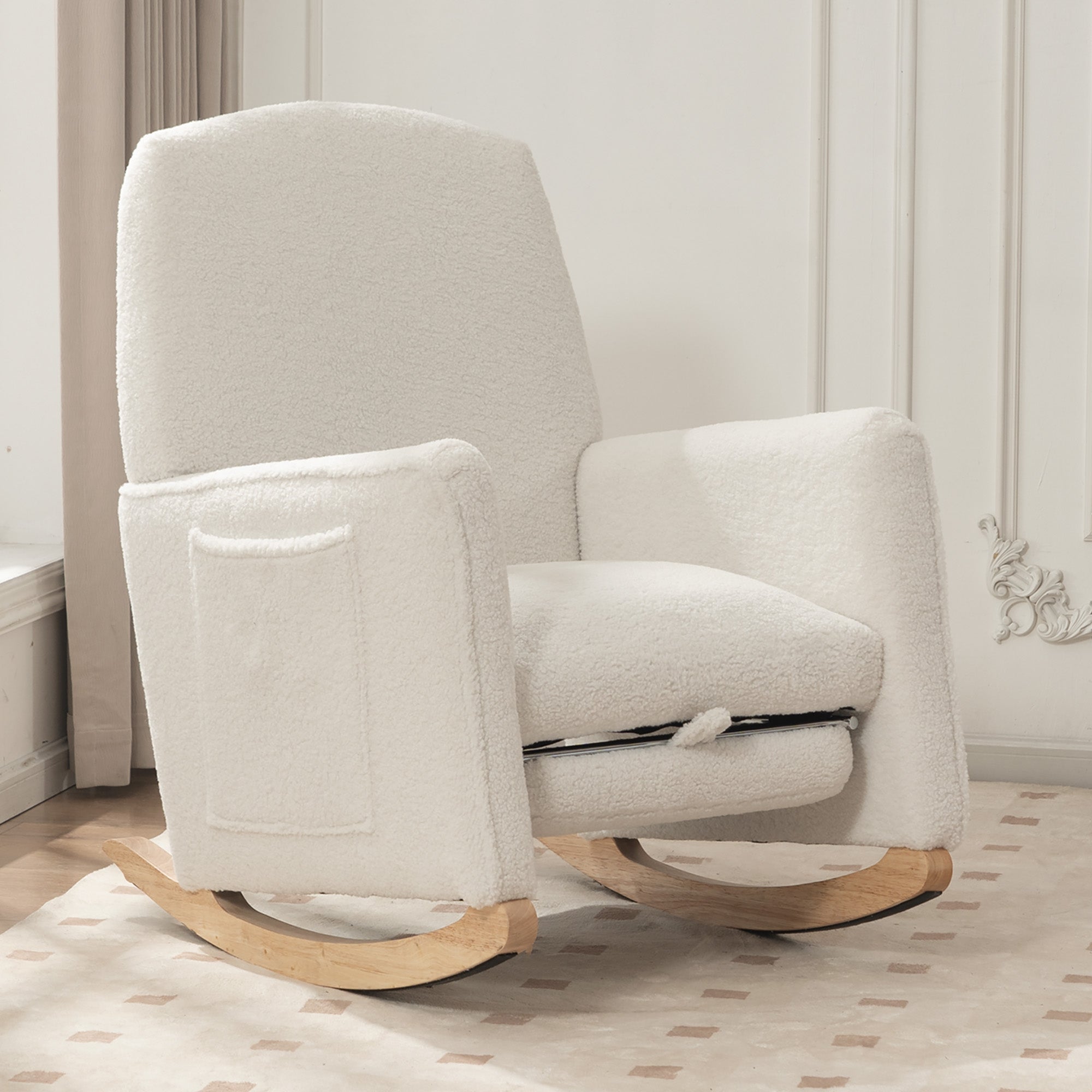 044 Rocking Chair with Stool, Recliner, High Back, White Teddy Fabric