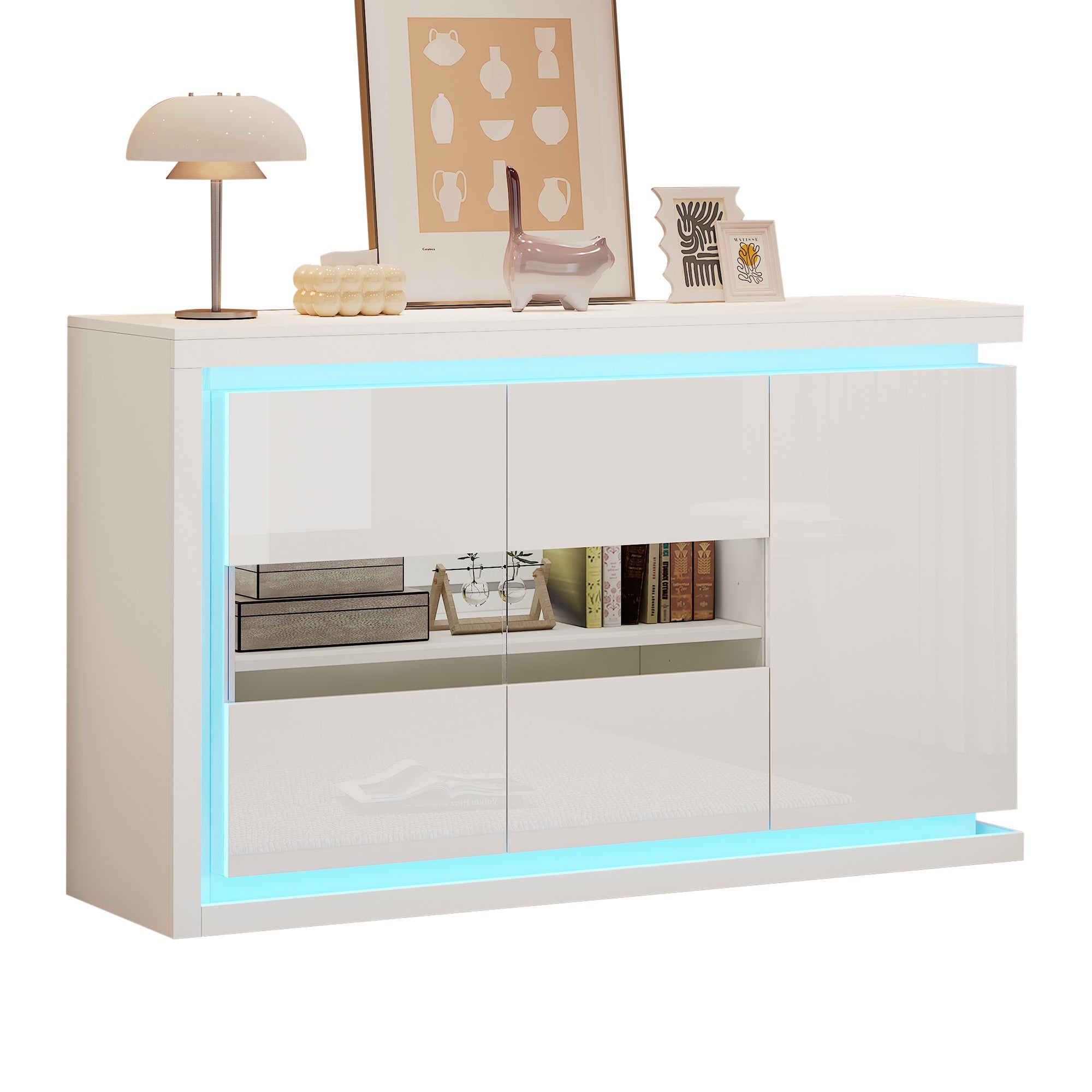 Living Room Cabinet, 140cm, 4 Compartments, High-Gloss, LED, Tempered Glass Doors