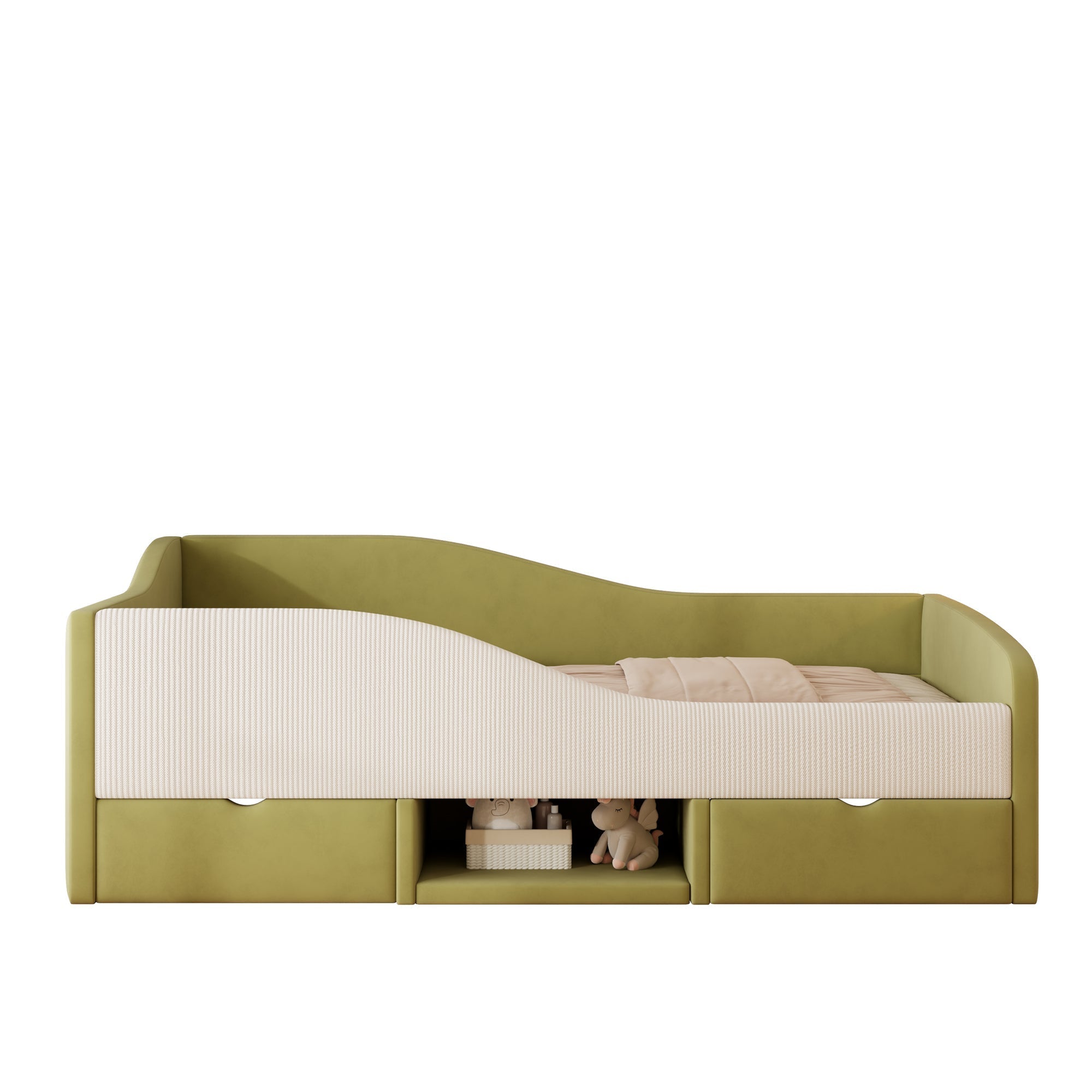 Upholstered Sofa Bed 90x190cm Multifunctional 2 Drawers Railings - Velvet Dark Green/Cream White