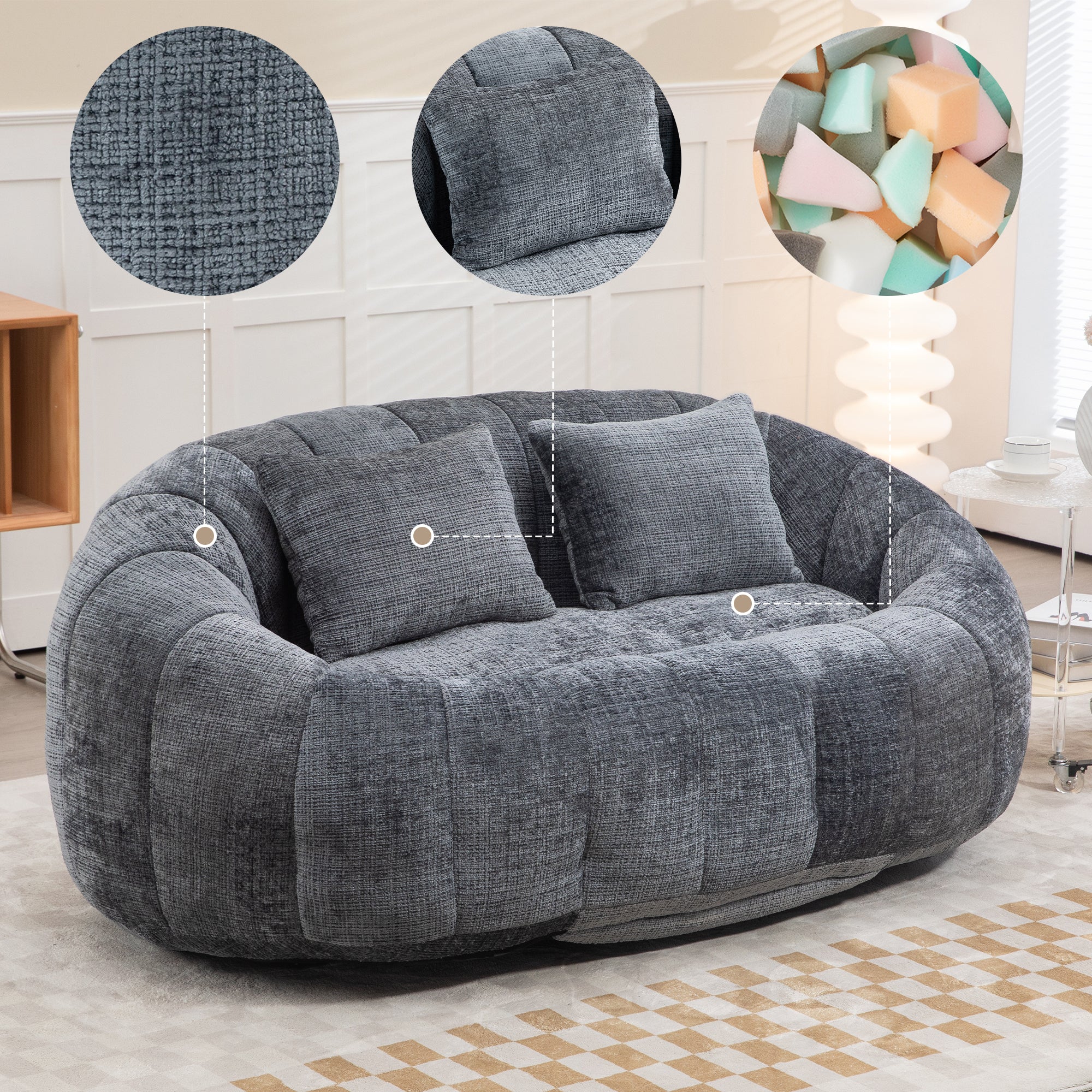 Bean Bag Sofa Chair, High Back Lounger for Adults/Kids, Indoor/Outdoor - Gray Chenille