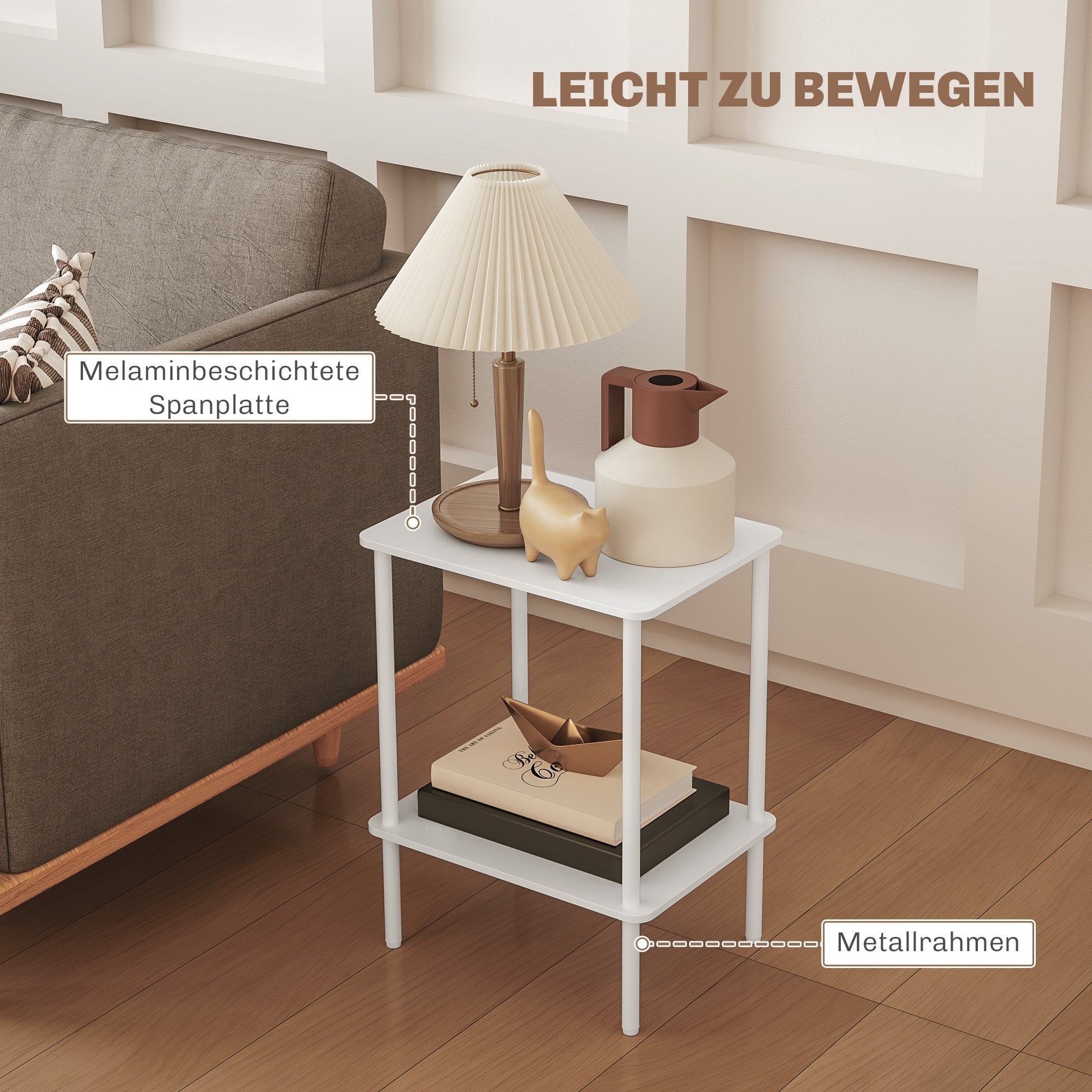 Side Table, 2-Tier Coffee Table with Storage, Metal Frame, White