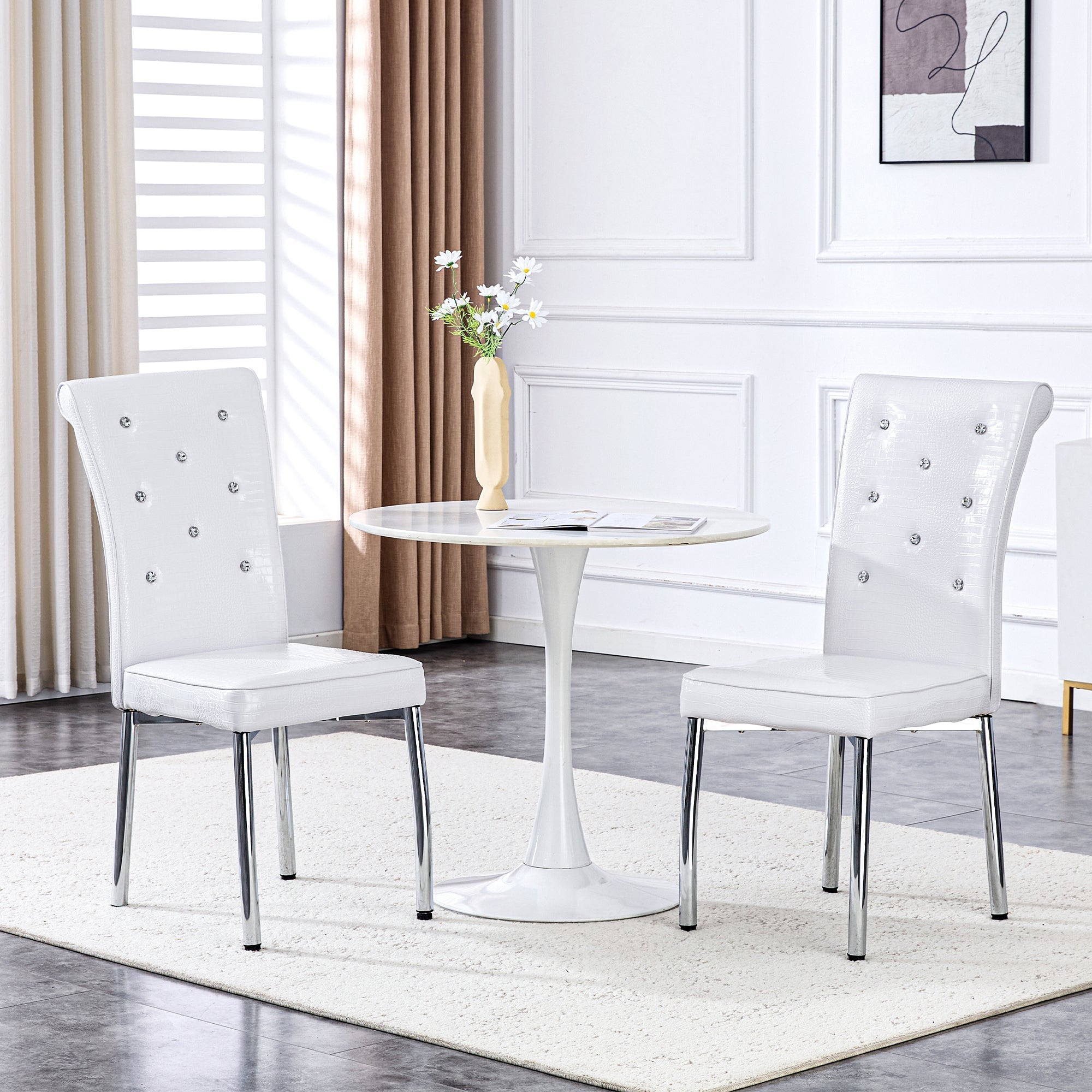 Set of 2 Dining Chairs, Retro Alligator Skin Upholstered Crystal Buckle Metal Legs, Faux Leather