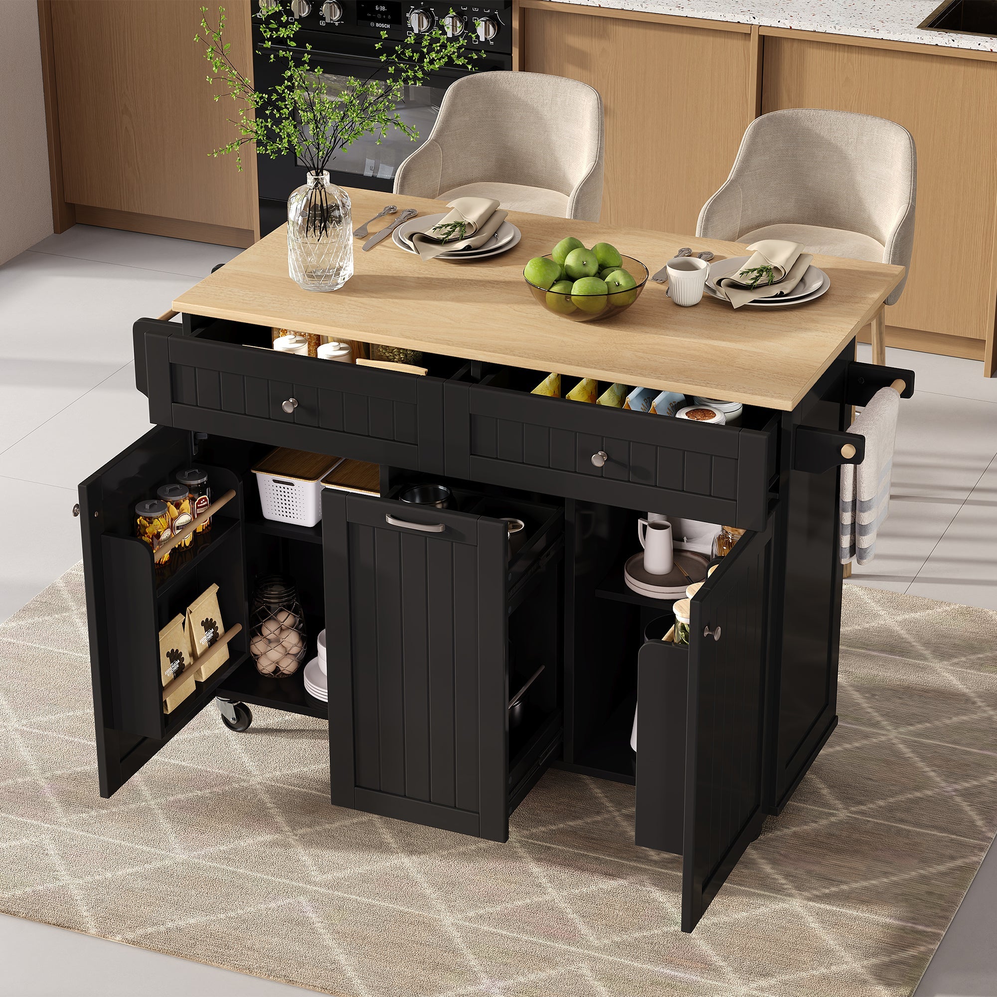 Kitchen Island, Extendable Mobile with Multifunctional Drawers, Black