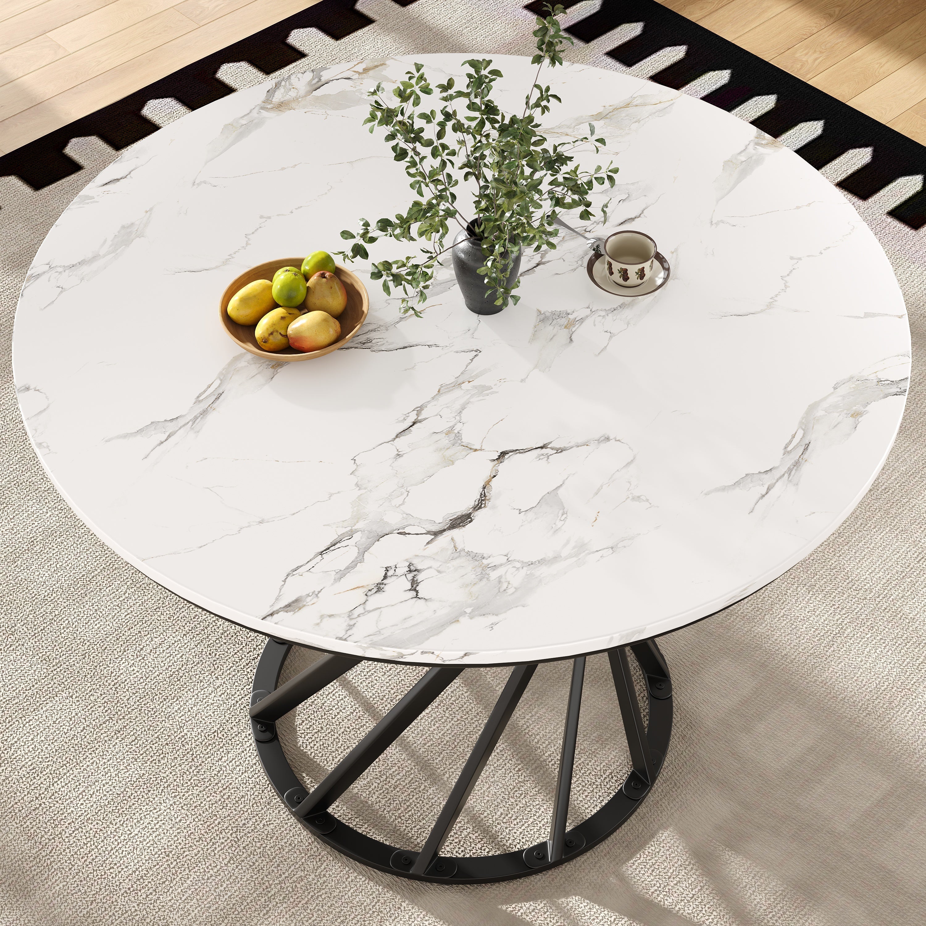 Round Dining Table 80cm for 4 Marbled MDF Top Black Metal Legs
