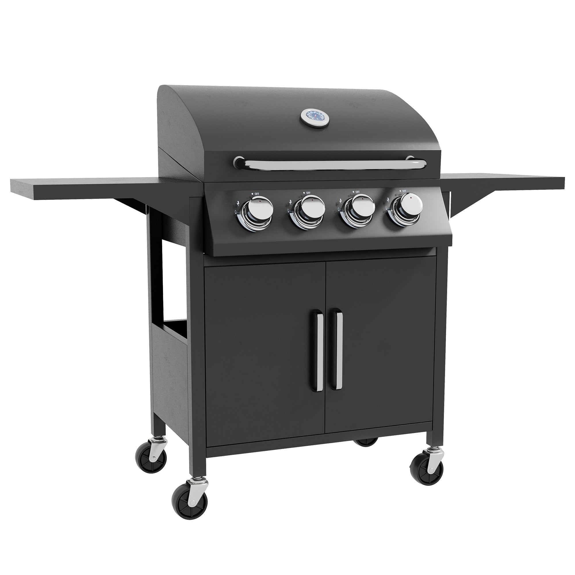 4 Burner Gas BBQ Grill, Portable Trolley w/ Warming Rack, Side Shelves & Storage, Carbon-Steel