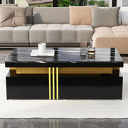 Modern Rectangular Coffee Table with 2 Drawers, High-Gloss and Marble