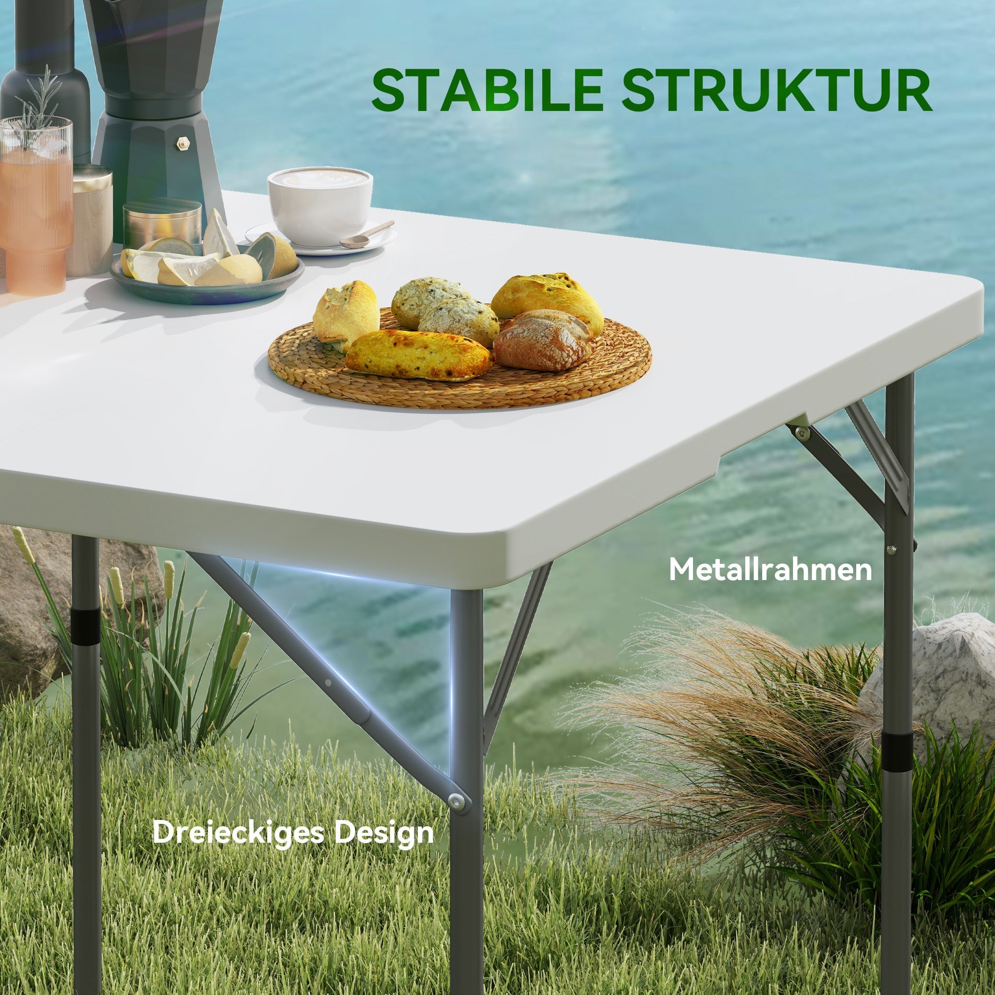 Picnic Table, Folding Camping Height-Adjustable, Plastic Metal White