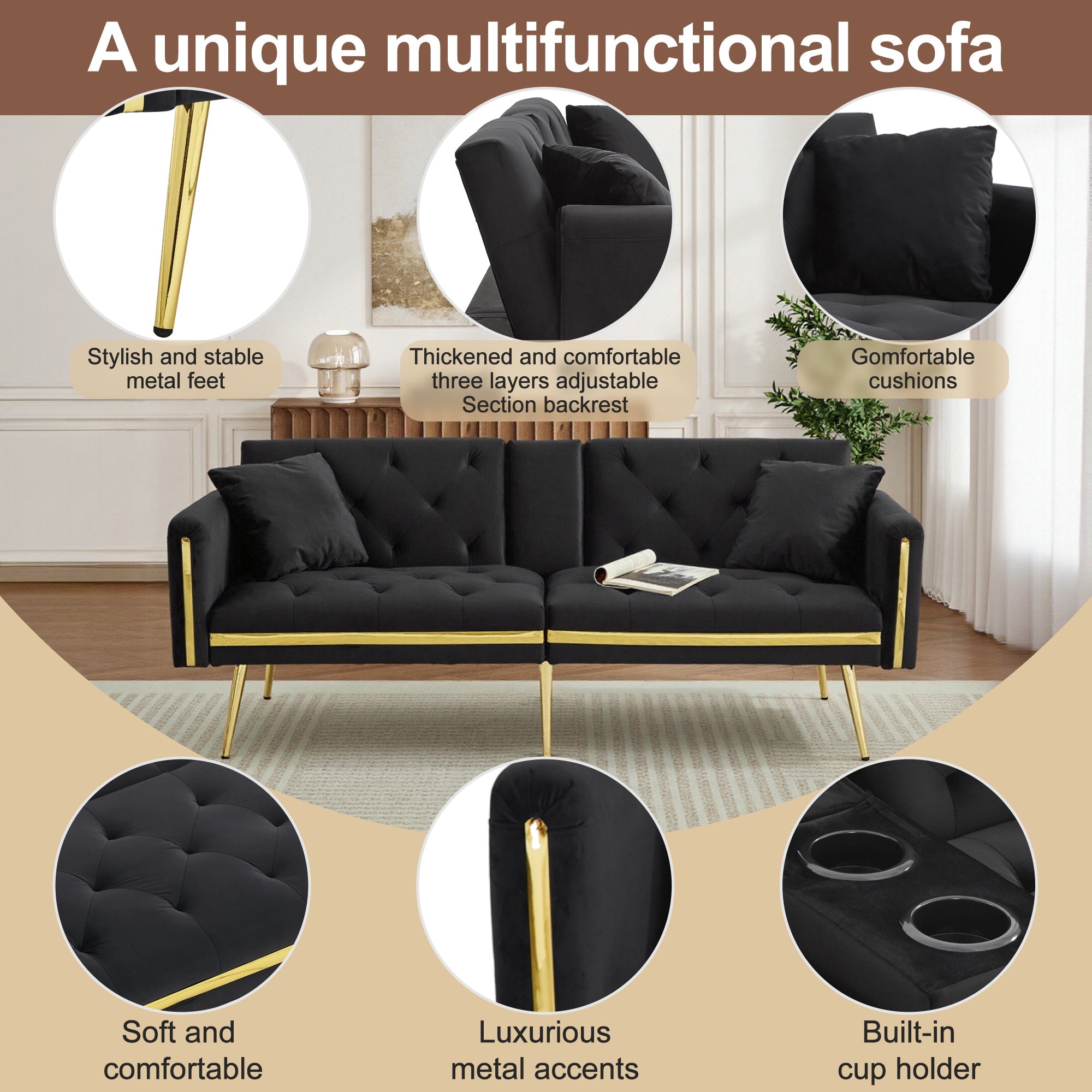 Two-seater Sofa Bed with Adjustable Backrest, Gold Accents, and Cup Holders - Velvet