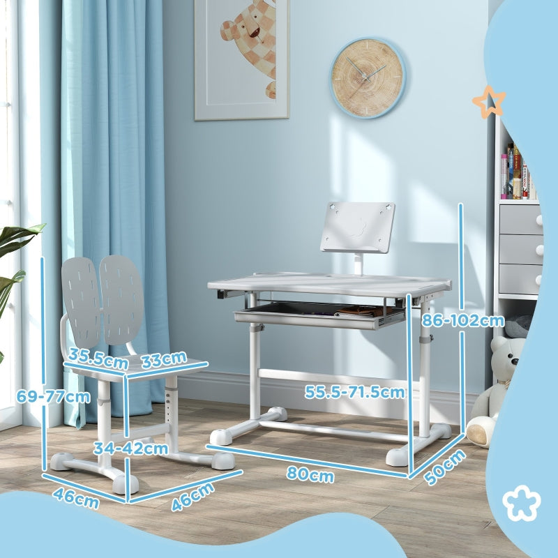 Kids Desk and Chair Set, Height Adjustable Tilted Desktop, Grey