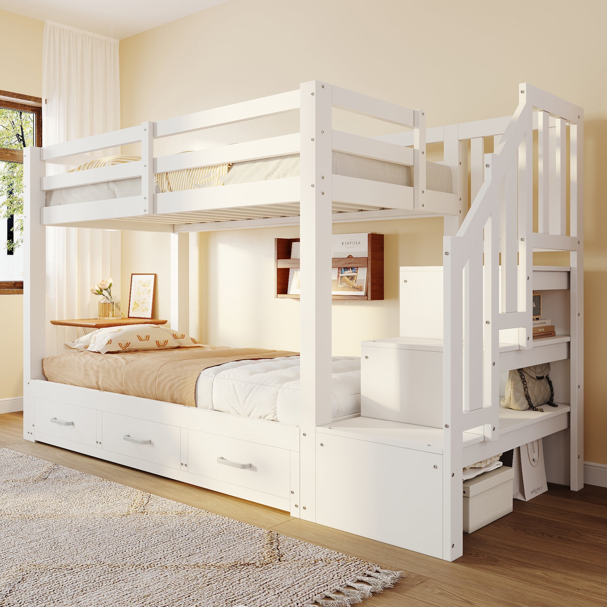 Bunk Bed with Pull-out Bed, Storage Ladder and Drawers, 90x200cm, White Wood