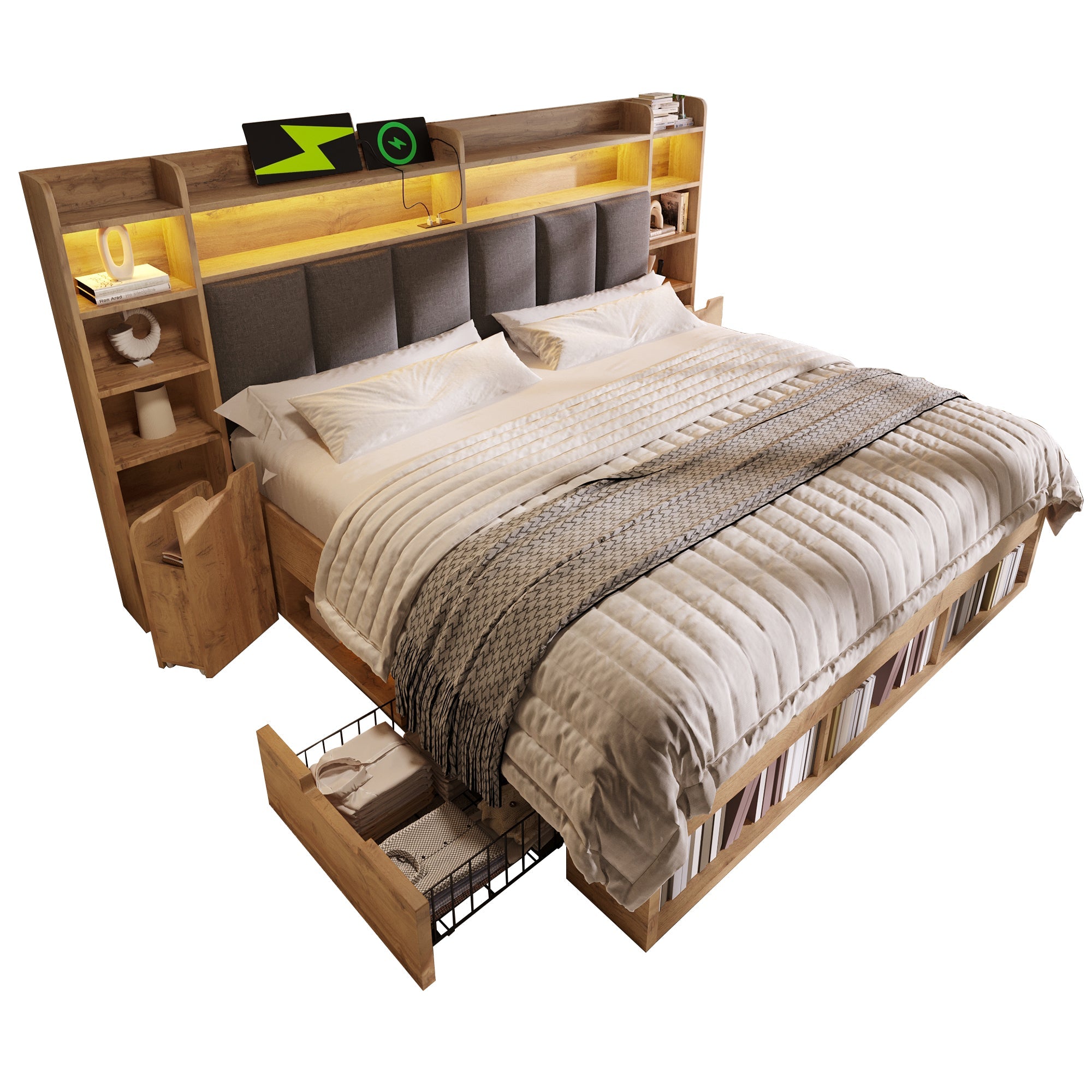 Double Bed System Bed with LED Headboard, Bedside Tables, USB Ports and Storage, 180x200cm, Oak Finish