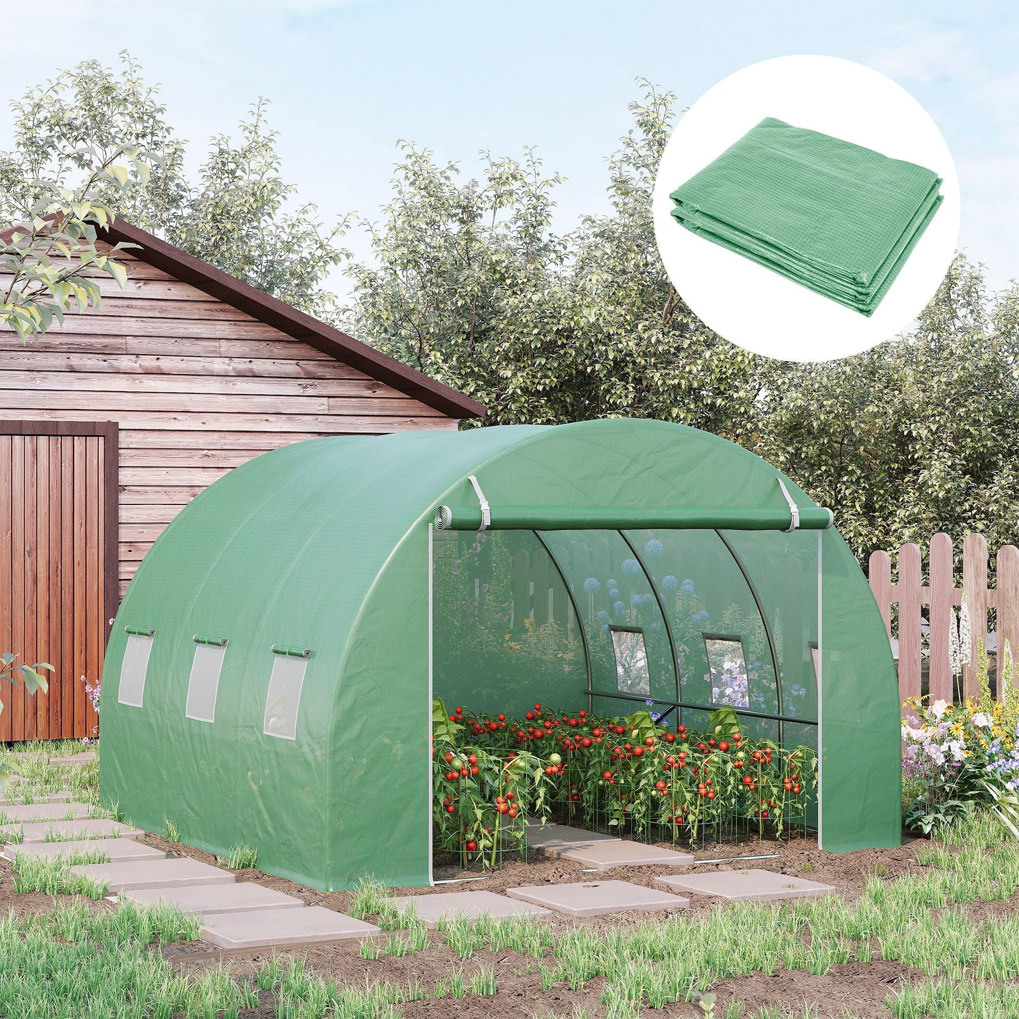 Replacement Cover for Garden Greenhouse Tunnel 9 m², 3x3x2m, PE Anti-UV Waterproof, Green