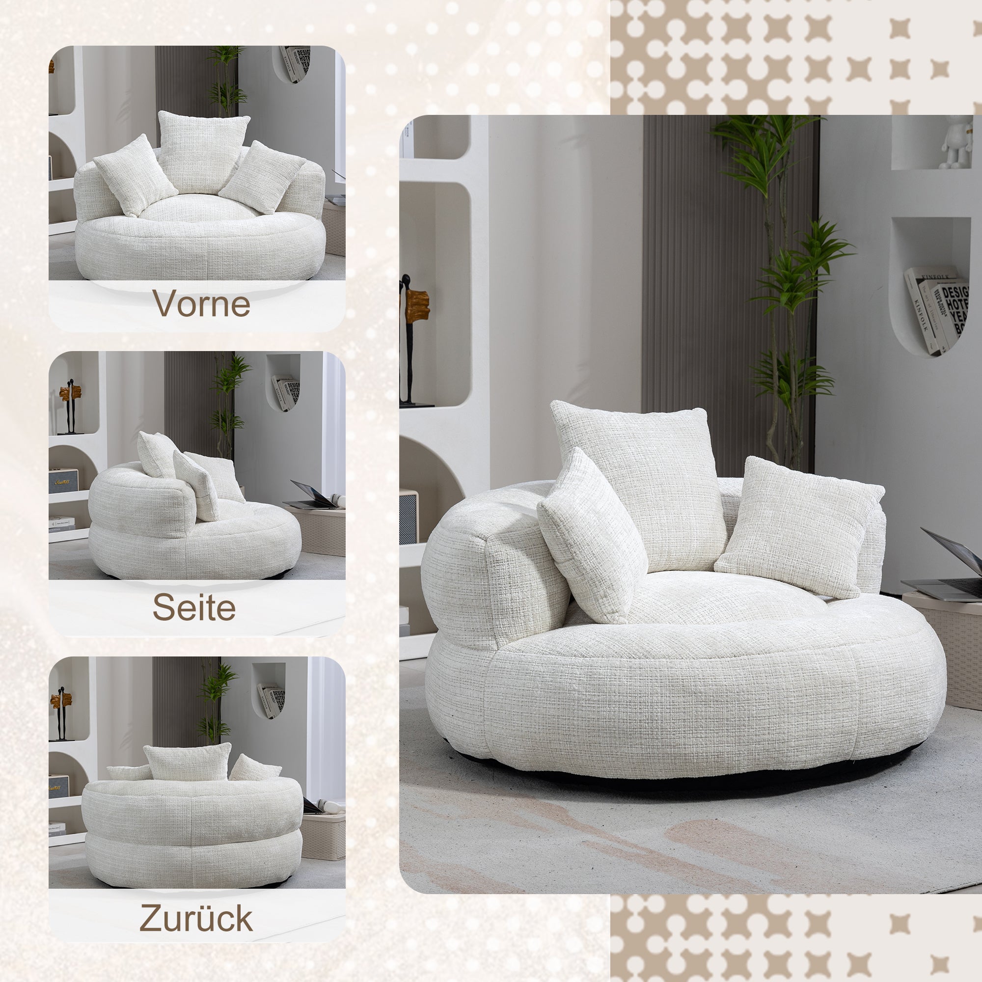 Lazy Sofa High Back Bean Bag Chair with Three Cushions, Indoor/Outdoor, Beige Chenille