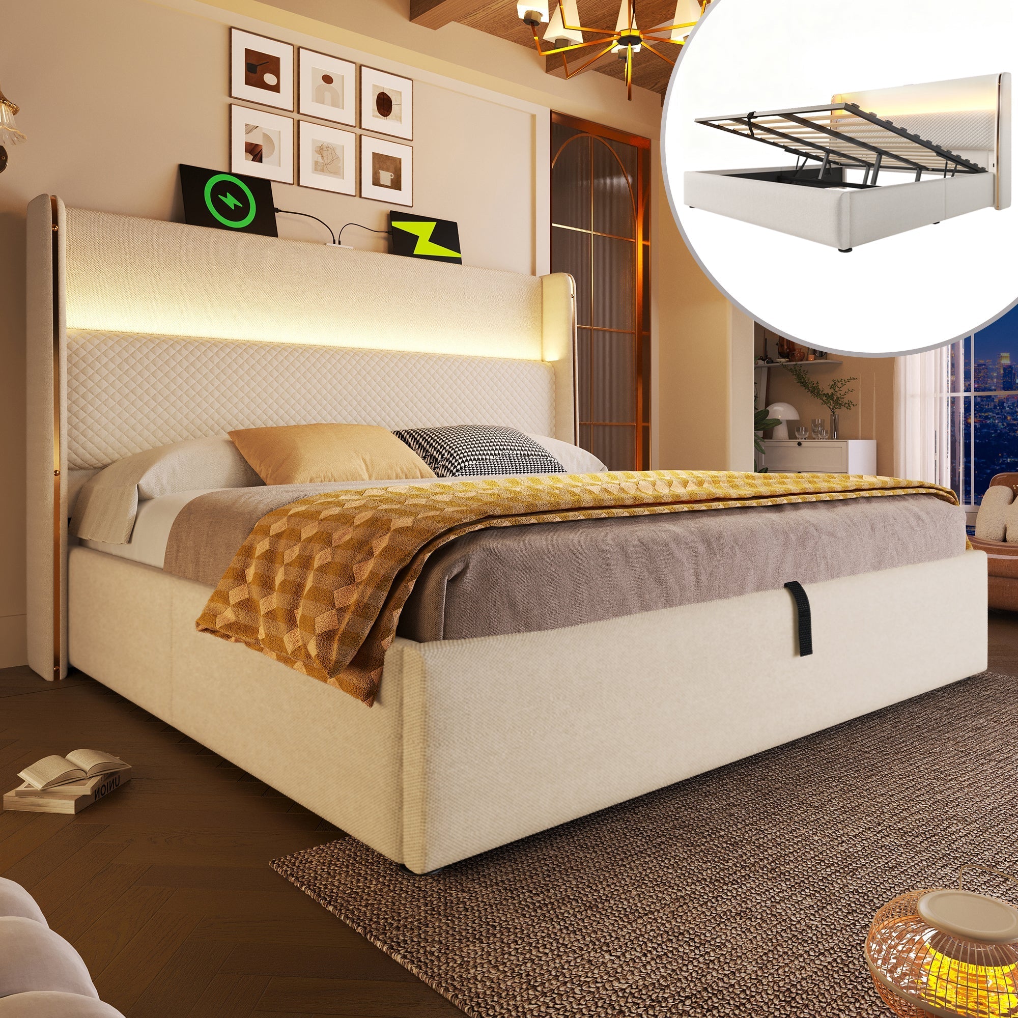Hydraulic Bed 180x200cm, High Headboard LED, Storage, USB/Type-C, Linen Beige