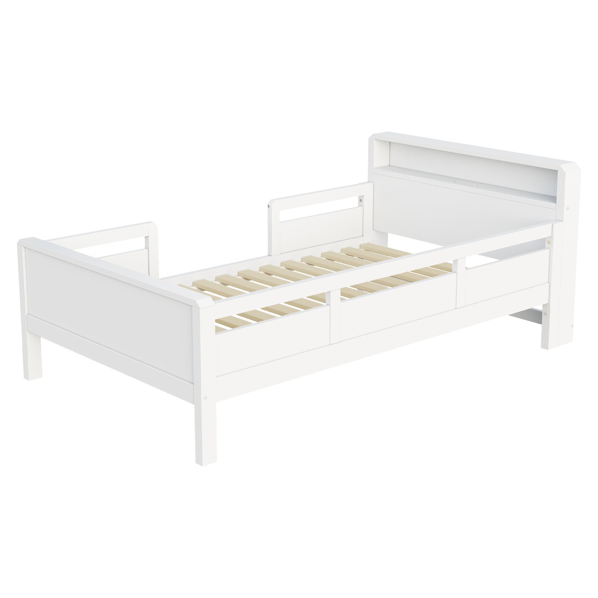Wooden Bed, 90x200cm Multifunctional with USB & LED, Pinewood White