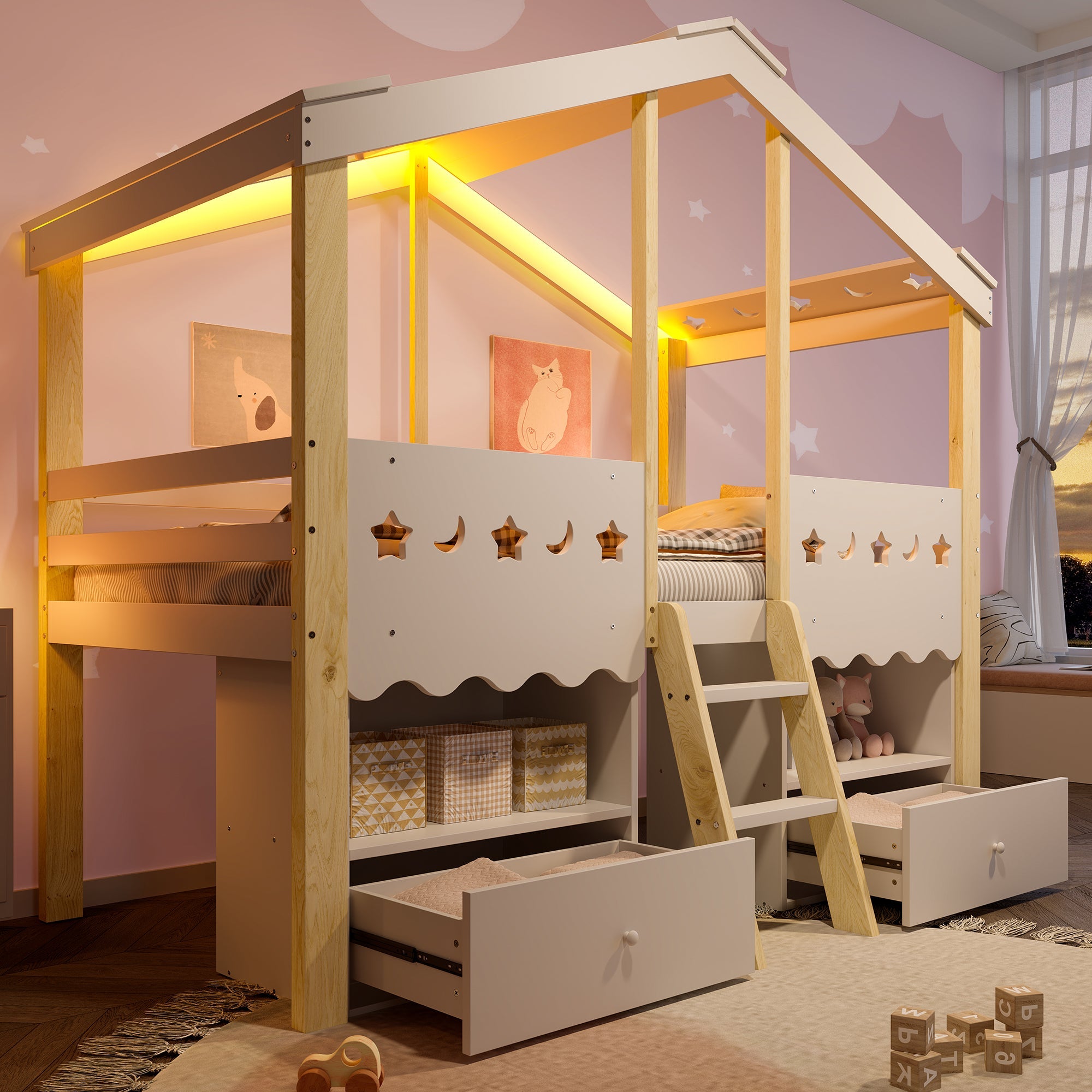 Mid-height Bed 90x200cm House Shape 2 Drawers LED Light - White/Natural