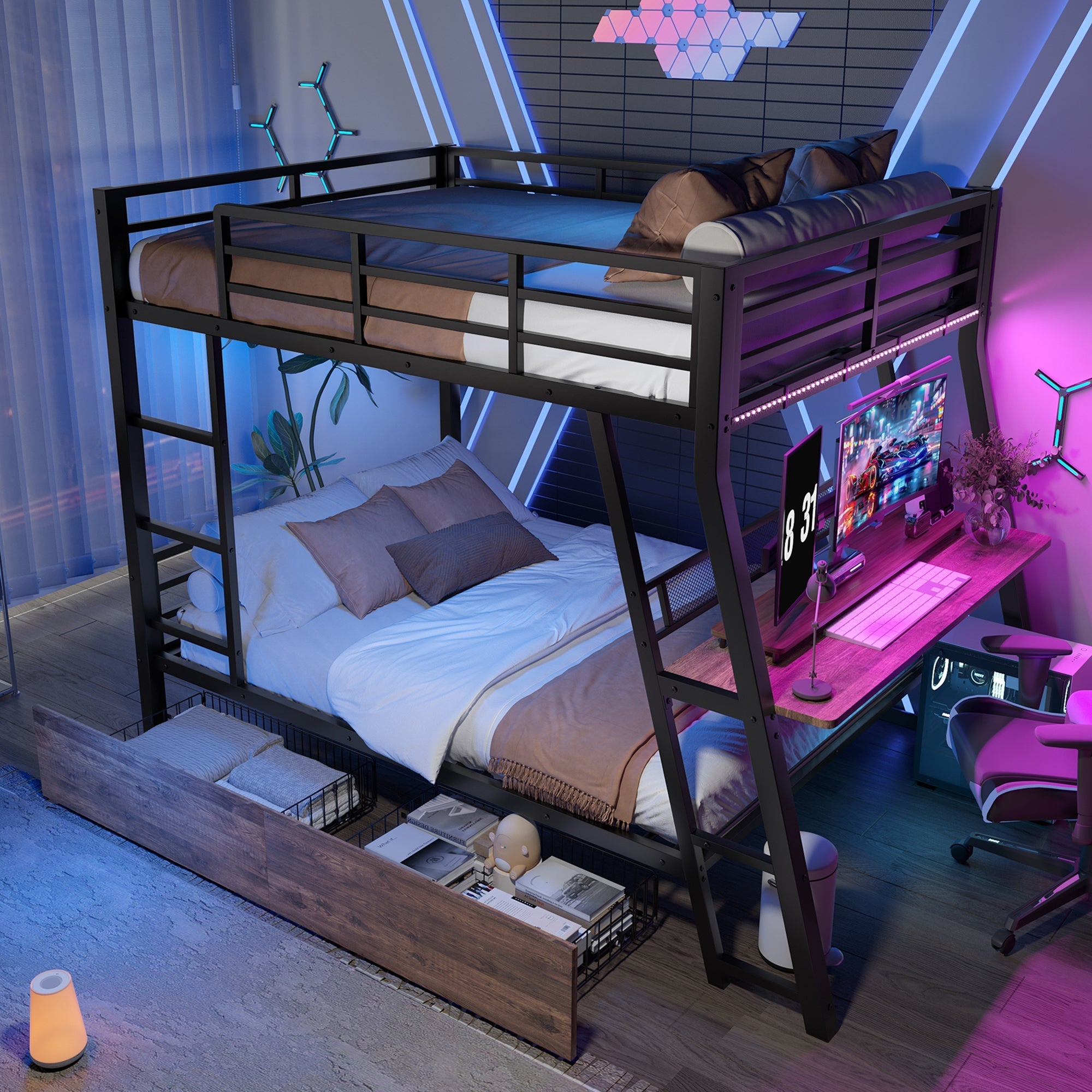 Loft Bed with Desk, LED Strip and Storage Drawers, Black Iron Frame