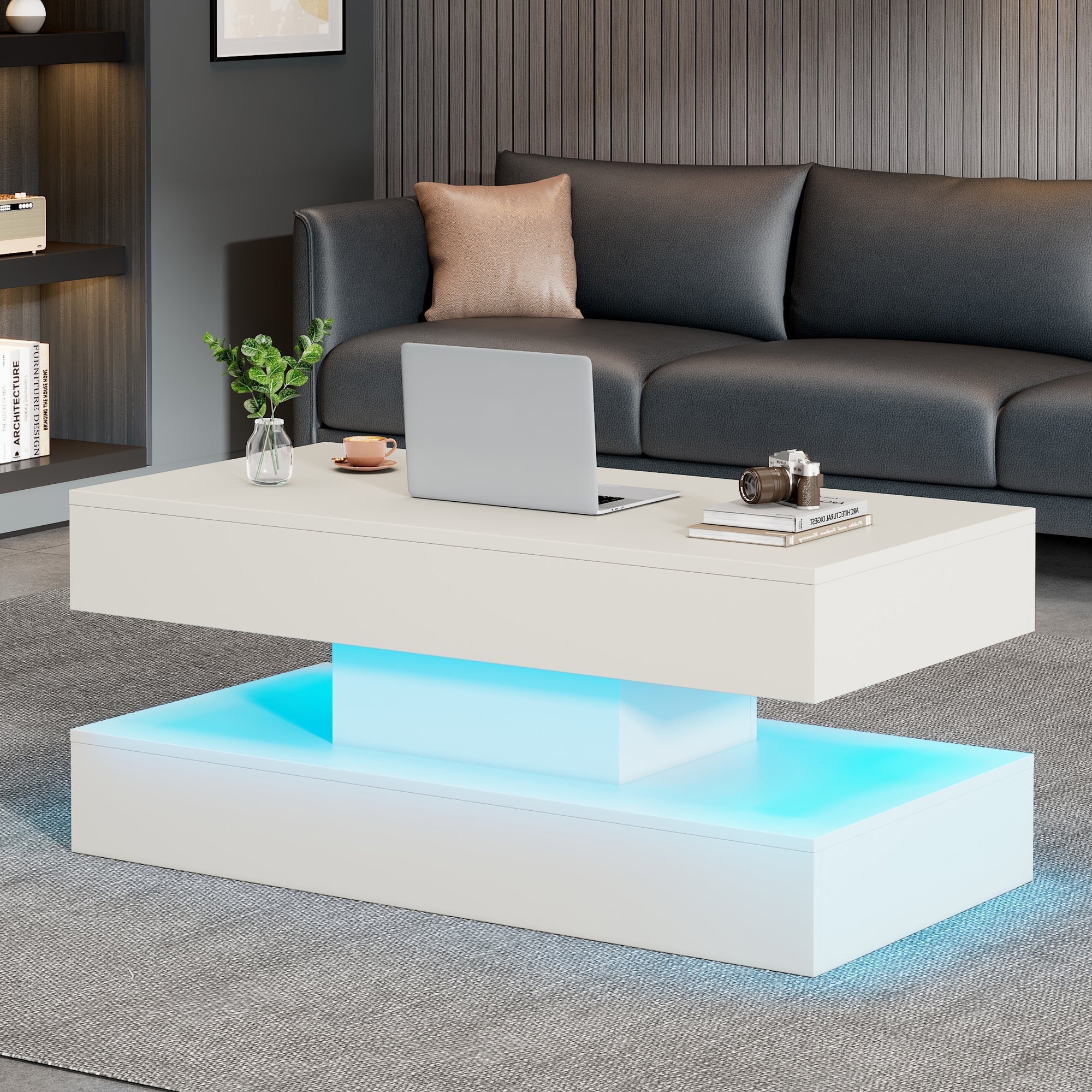 Modern Coffee Table LED Storage Hydraulic Lift 100x50x42cm