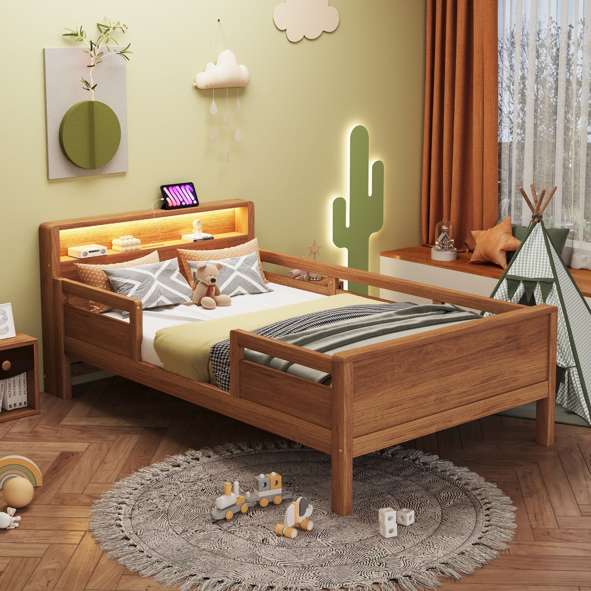 Wooden Bed, 90x200cm USB/Type-C, LED Light, Storage Headboard, Pinewood