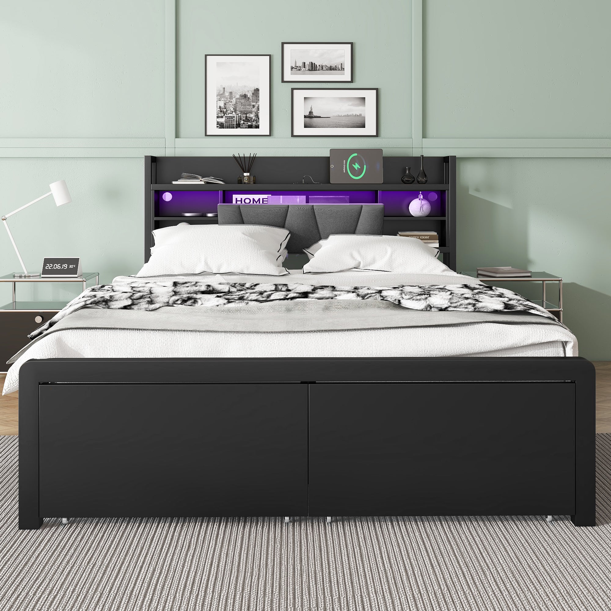 Metal Iron Bed 4ft6 Double 135x190cm with LED Lights & Charging Port, 2 Drawers & Storage Headboard, Black