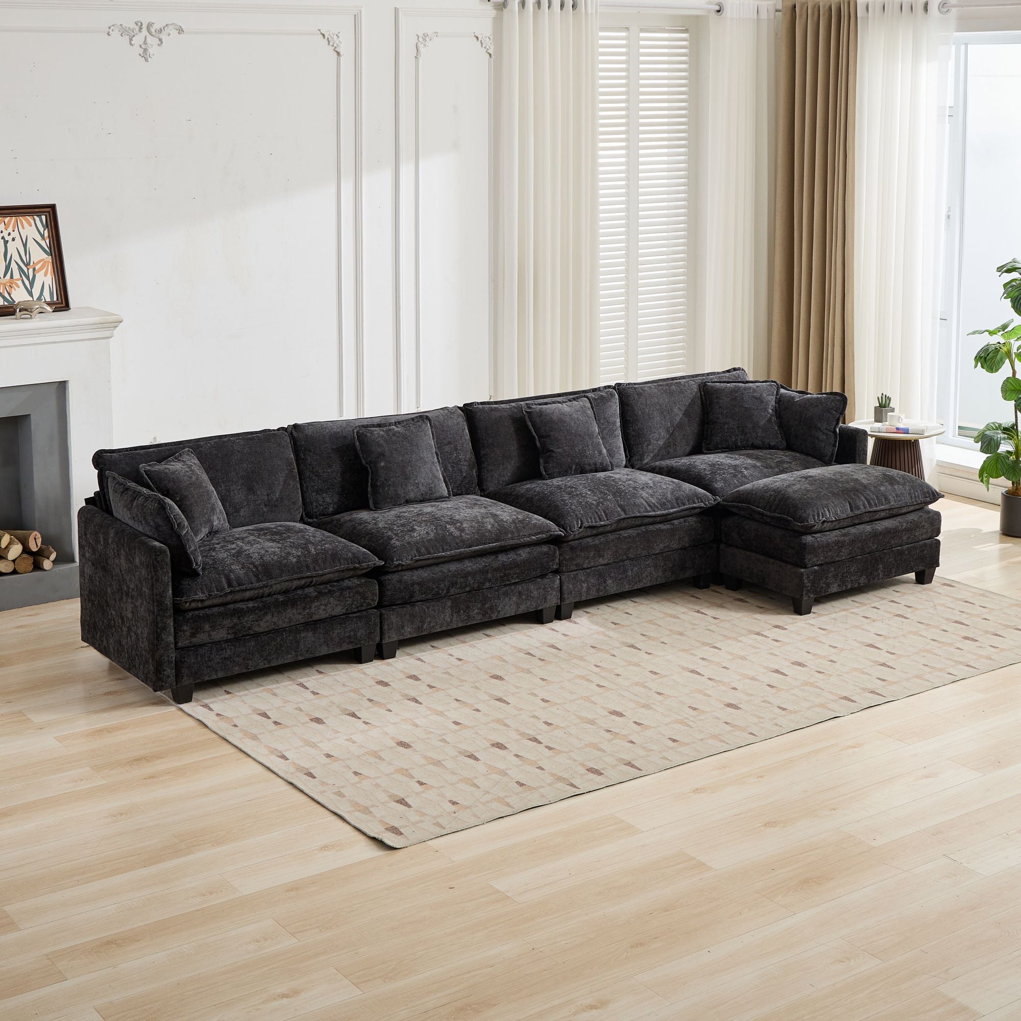 Cloud Sofa Ottoman - Modern Sectional Double Layer Cushion - Black Chenille