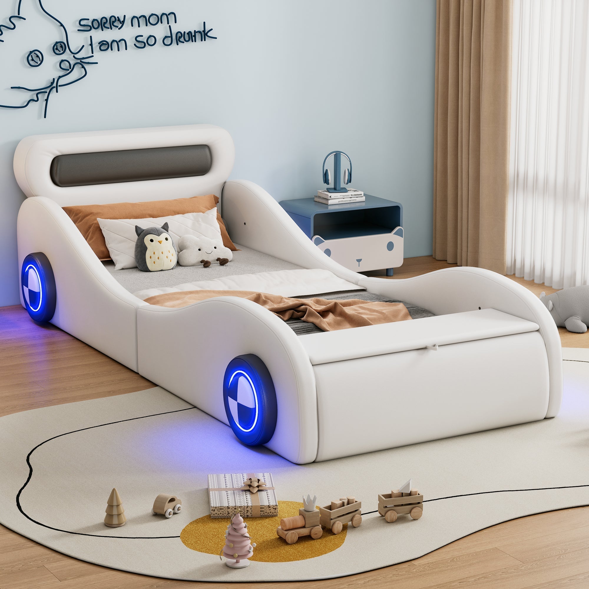 Car Shaped Upholstered Bed with Light-up Wheels and Storage, White PU