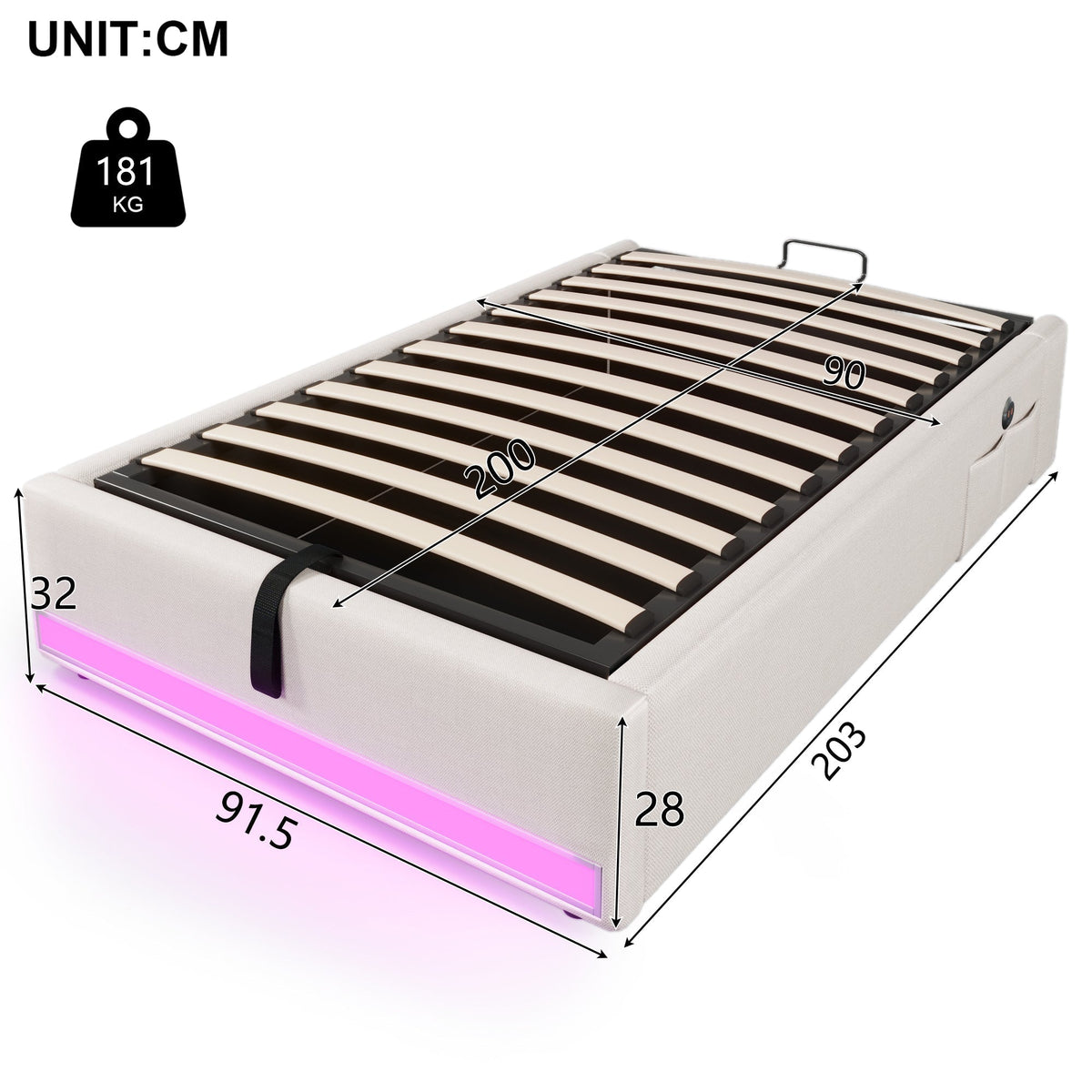 Upholstered Bed 90x200cm Hydraulic Storage LED USB/Type-C Pockets - Beige