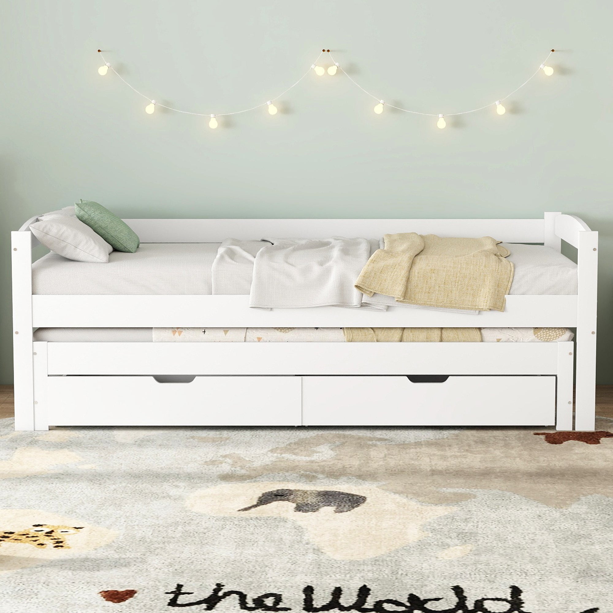 Daybed Single/Double Sliding Bed with 2 MDF Drawers, Solid Wood Frame, White