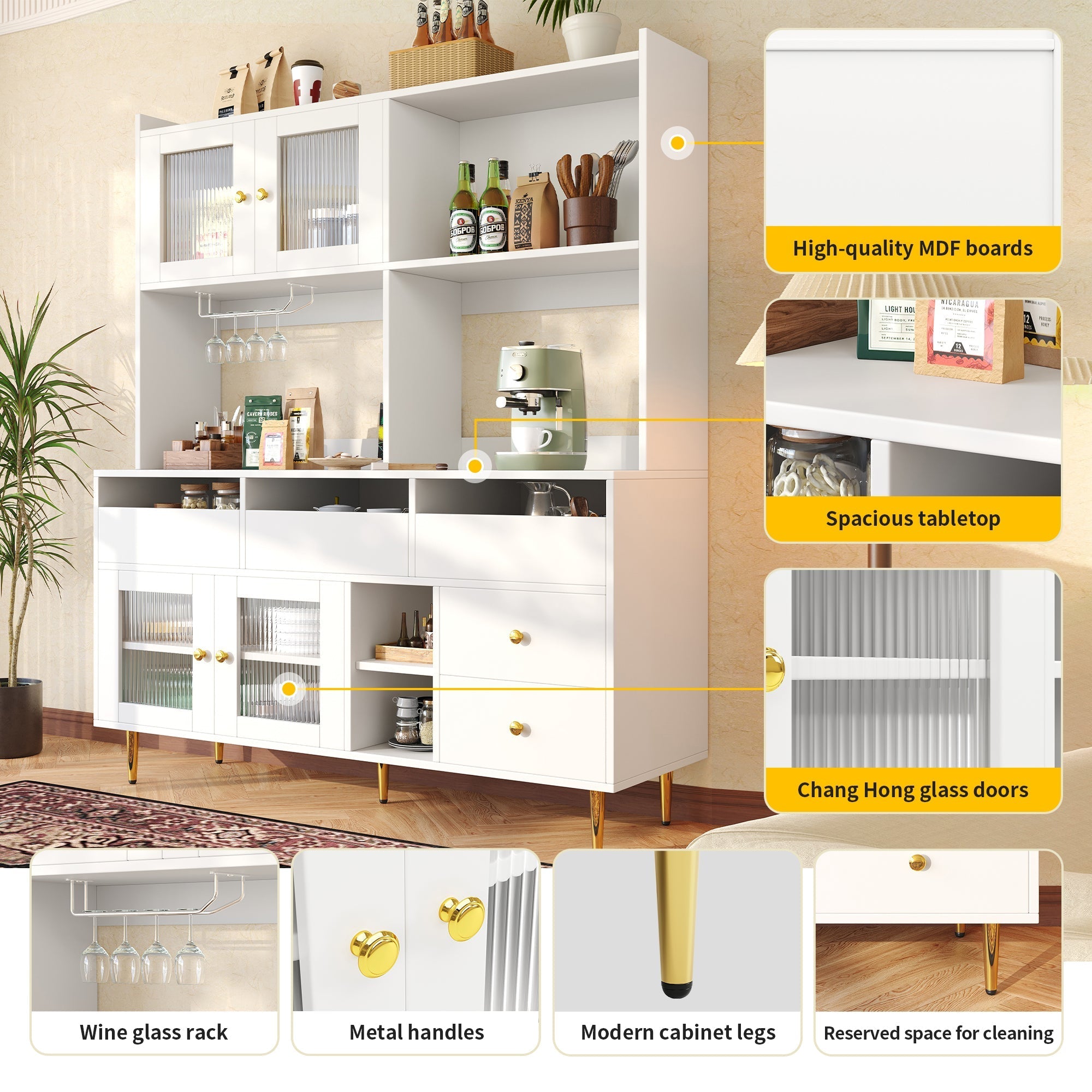 Dining Room Cabinet, Minimalist with Glass Doors & Wine Glass Shelves, White Gold Accents
