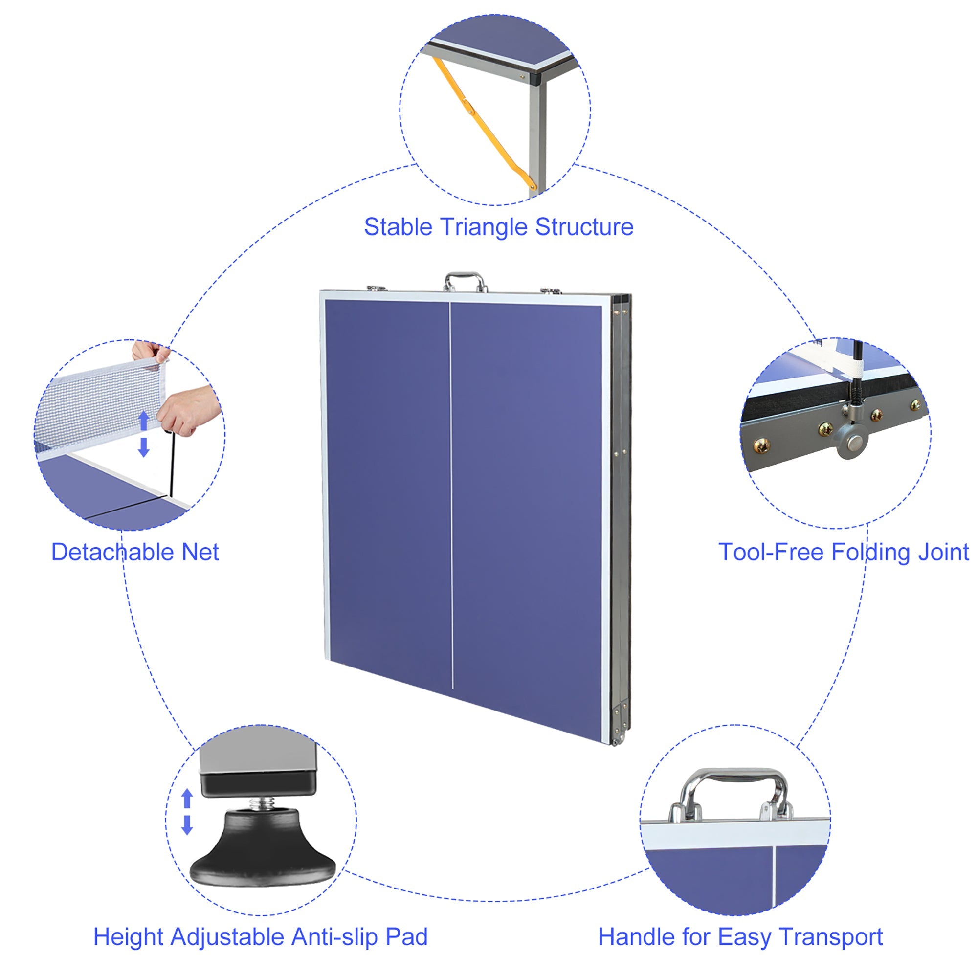 Foldable Ping Pong Table with Net & Paddles Set, Indoor/Outdoor, Blue