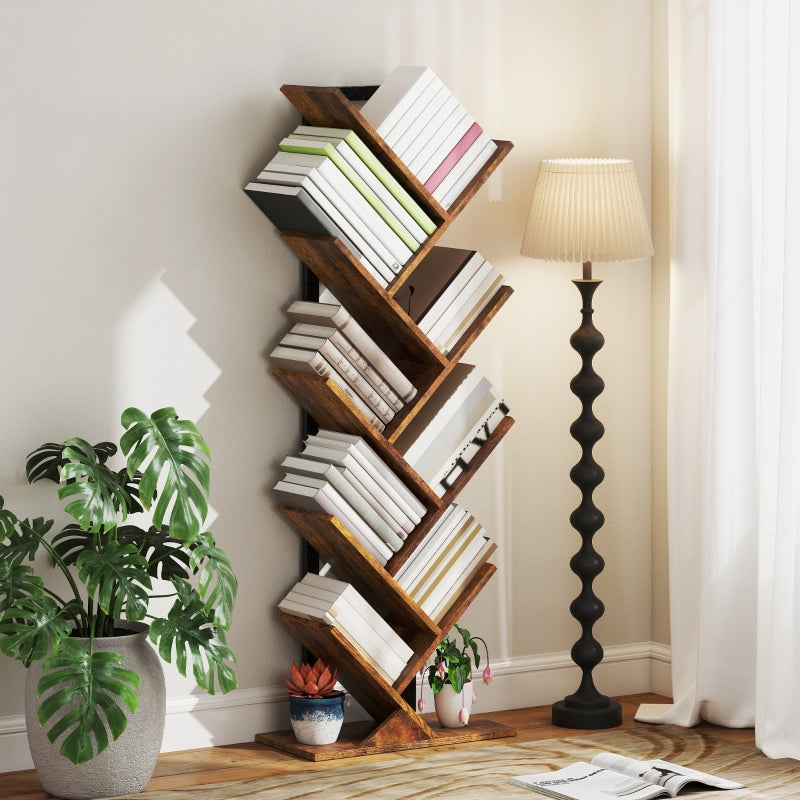 Bookshelf Standing Shelf 9 Levels Tree Shape, Rustic Brown
