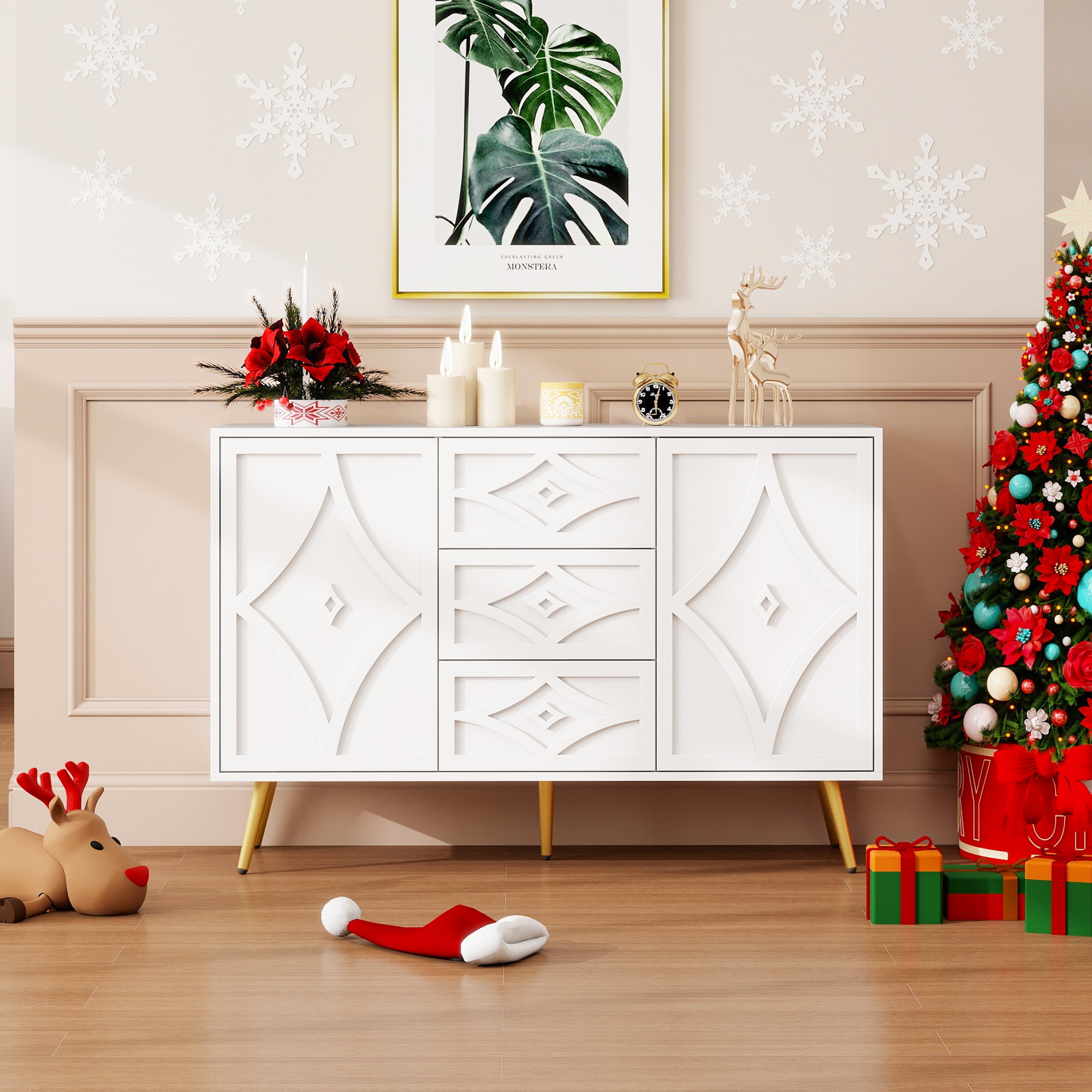 Chest of Drawers, Diamond Pattern with 3 Drawers & 2 Doors, Gold Feet White