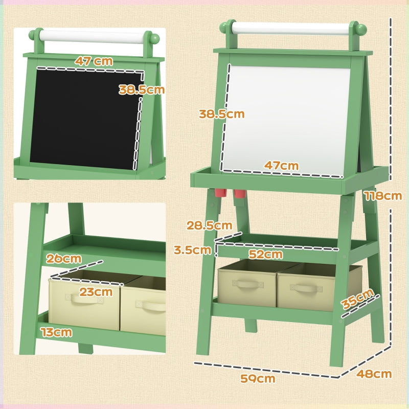 3 in 1 Kids Easel Double-Sided Magnetic Whiteboard Chalkboard with Paper Roll and Storage Baskets, Green Engineered Wood
