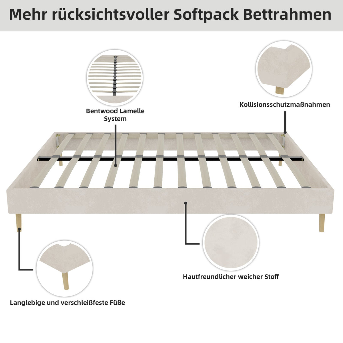 Modern Minimalist Bed Frame, Low-Profile Base 160x200 cm, Beige Dutch Velvet Fabric