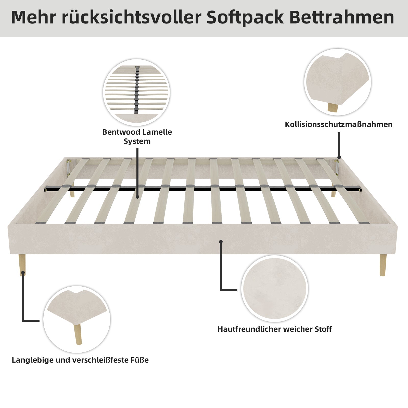 Modern Minimalist Bed Frame 160x200cm Low Box Dutch Velvet Beige