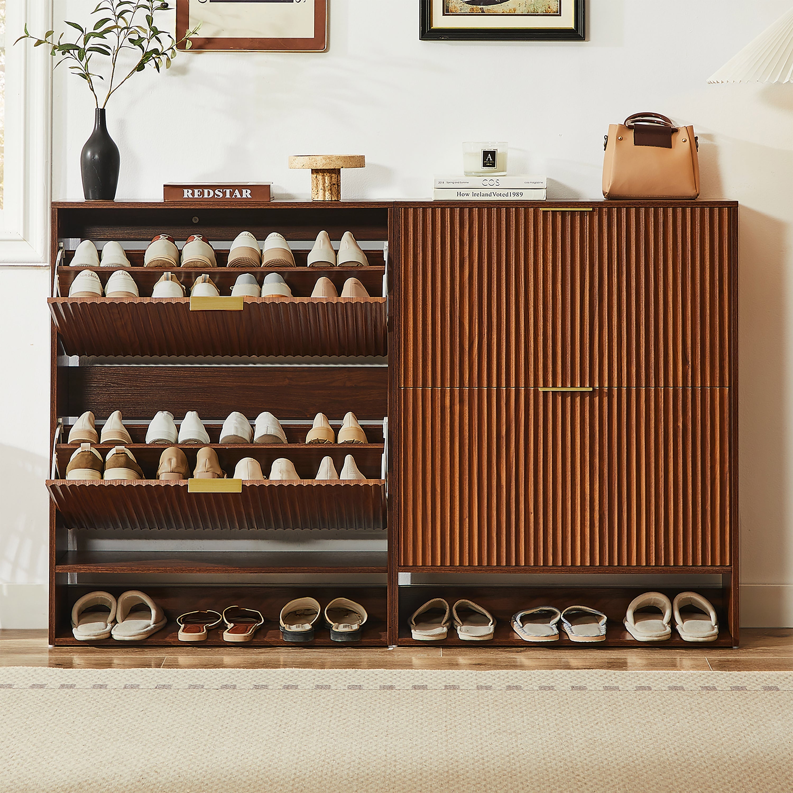 Narrow Shoe Cabinet with Grooved Front and Anti-Tip Device, Walnut Look