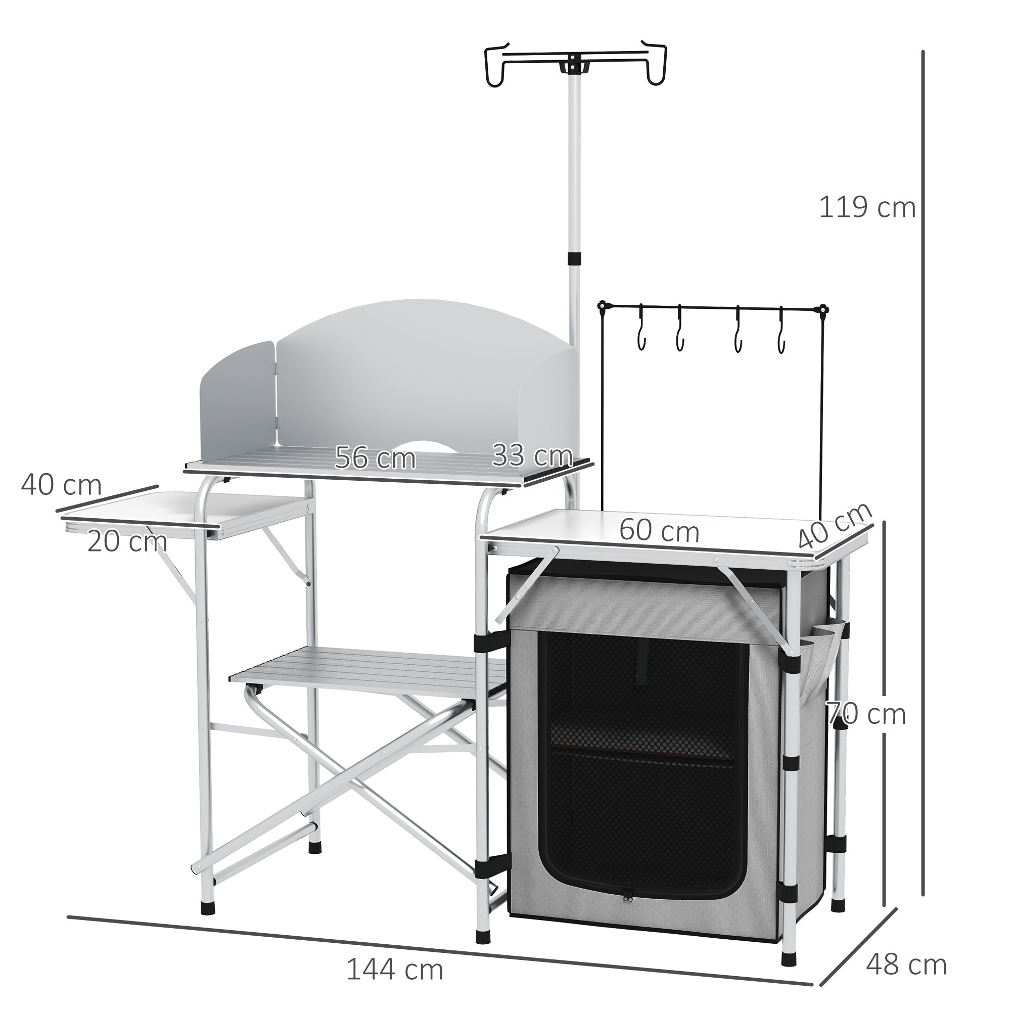 Folding Camping Kitchen, UV & Wind Protection, 3 Worktops, Aluminum