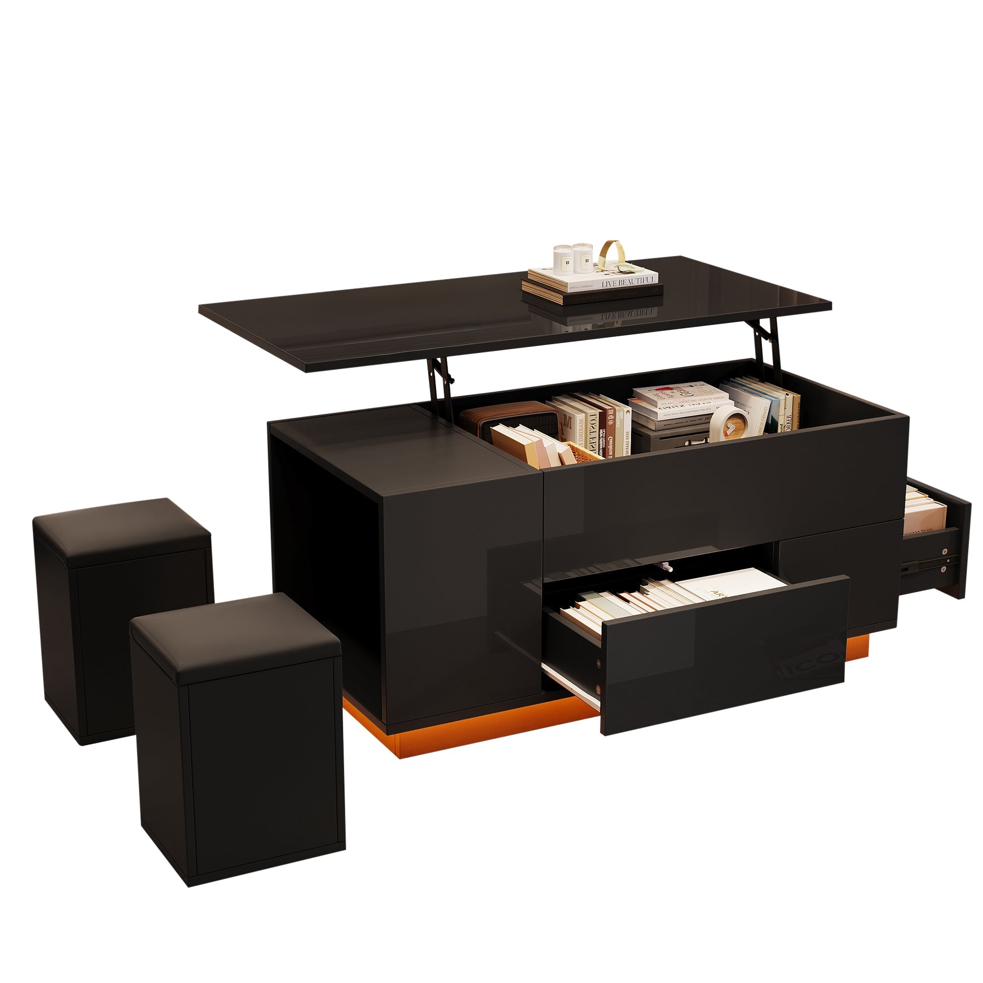 Coffee Table, 4-in-1 Height Adjustable LED with 2 Drawers, High-Gloss Black