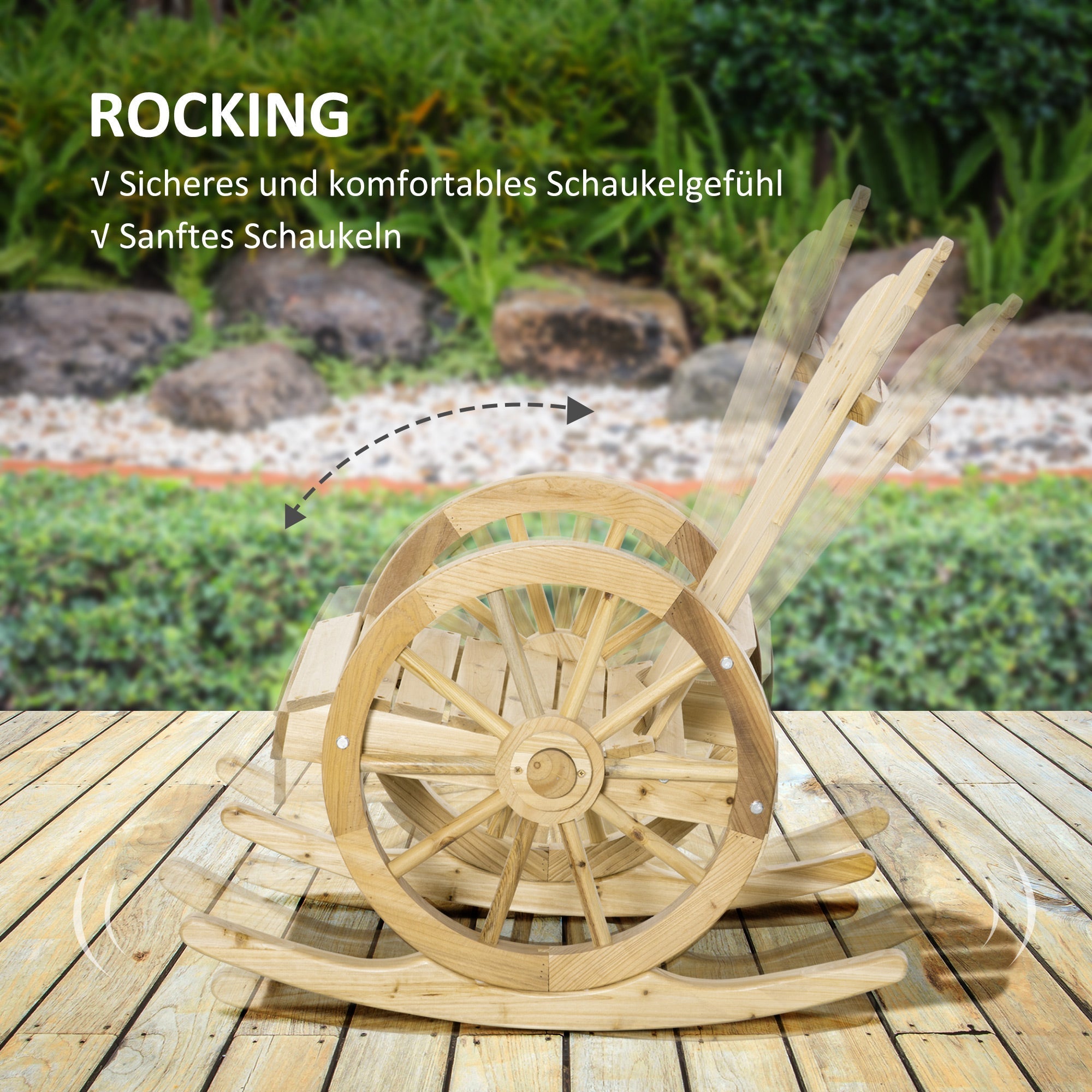 Rocking Chair, Rustic Relaxation Garden Chair with Wheels, Solid Natural Wood