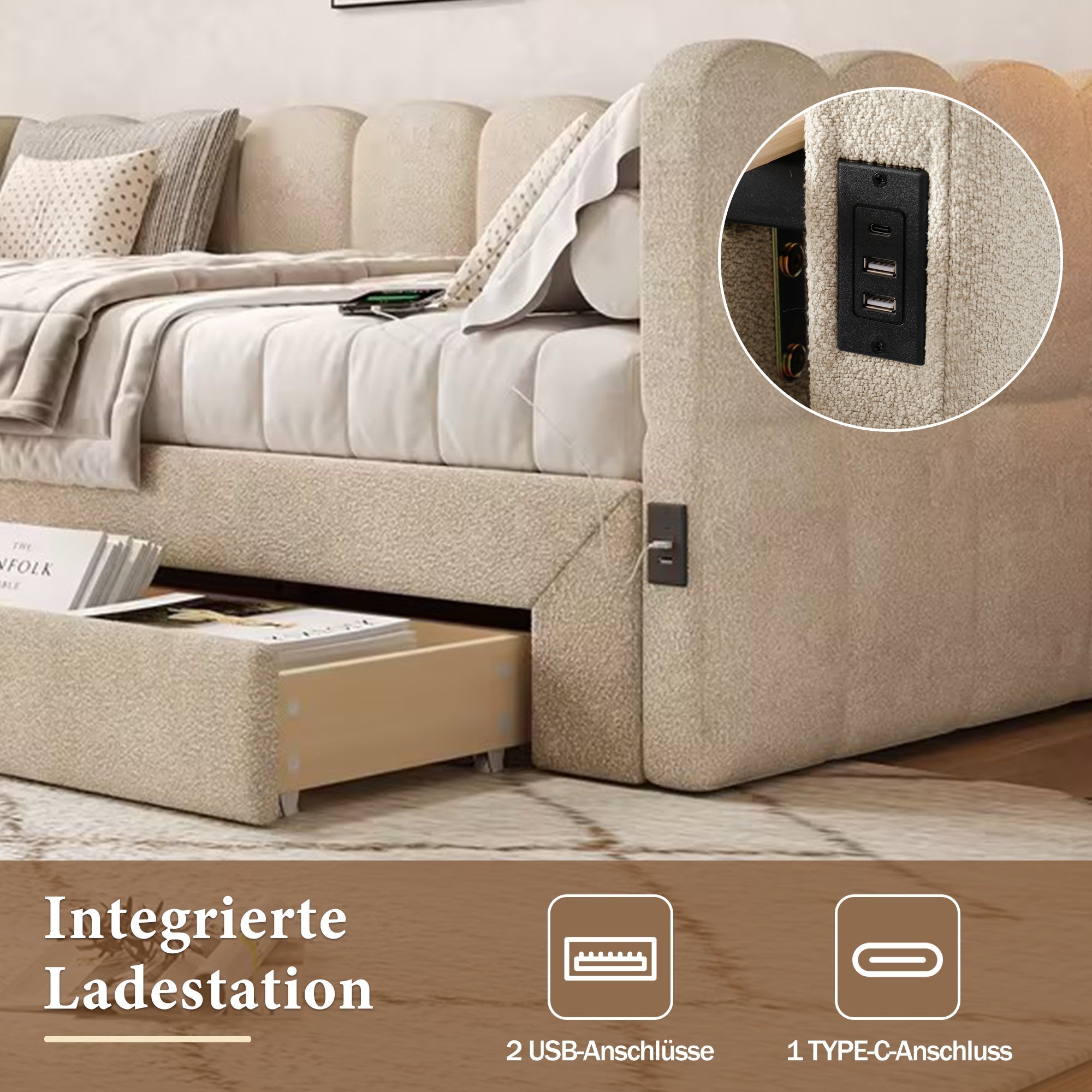 Upholstered Daybed with 2 Storage Drawers, USB Port, Extendable 90x190 to 180 cm, Beige Chenille