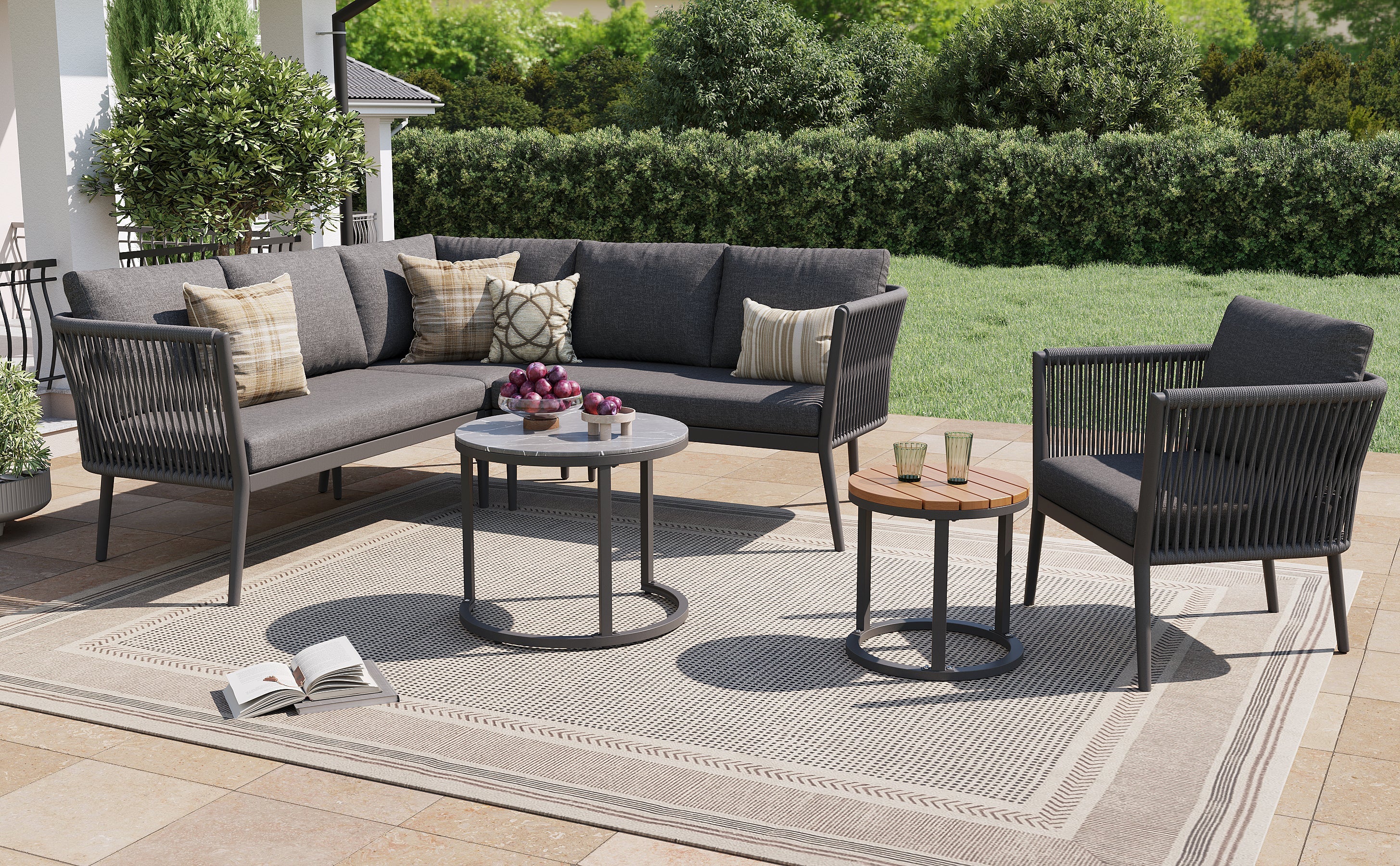 Garden Lounge Set for 5-6 People, 6-Piece Modular Corner Outdoor Sofa with Cushions, PE Rattan Grey