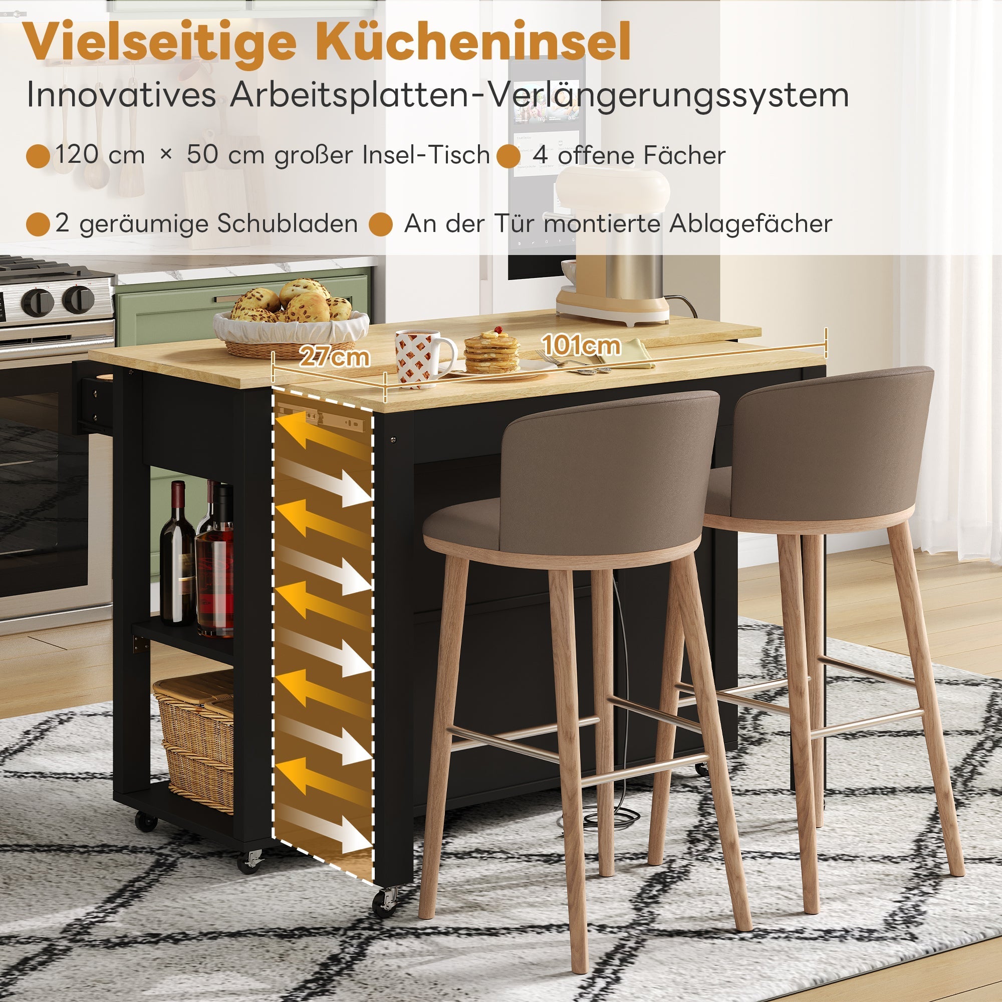Mobile Kitchen Island with Extendable Bar Counter and Power Outlets, Wood Look