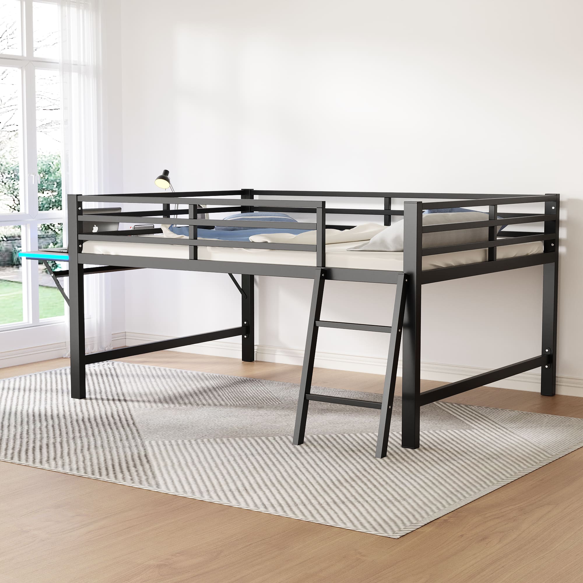 Flatbed Metal Bed 140x200cm Desk Ladder LED Light - Black