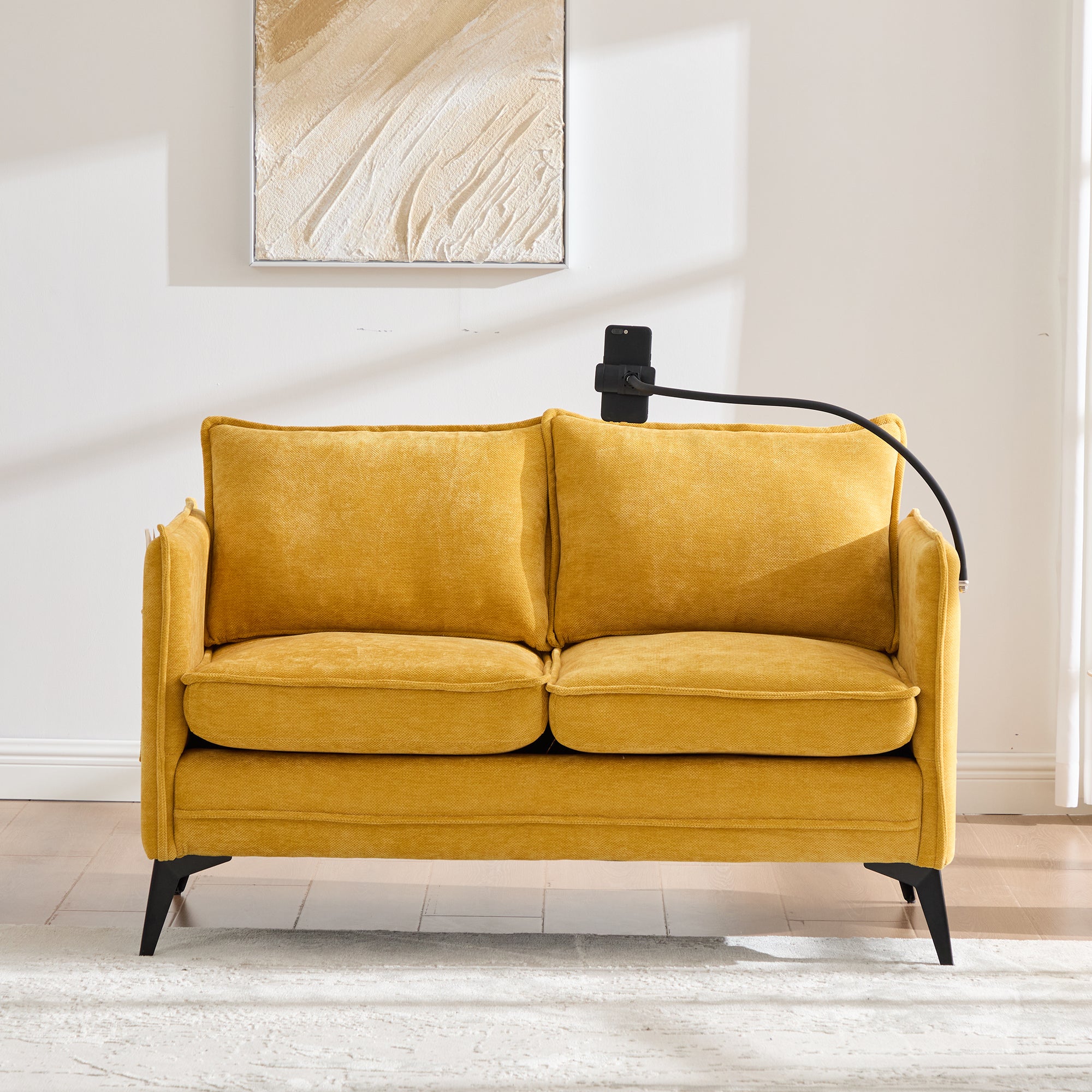 Modern Double Sofa with Storage Side Pocket and Adjustable Phone Holder, Fabric