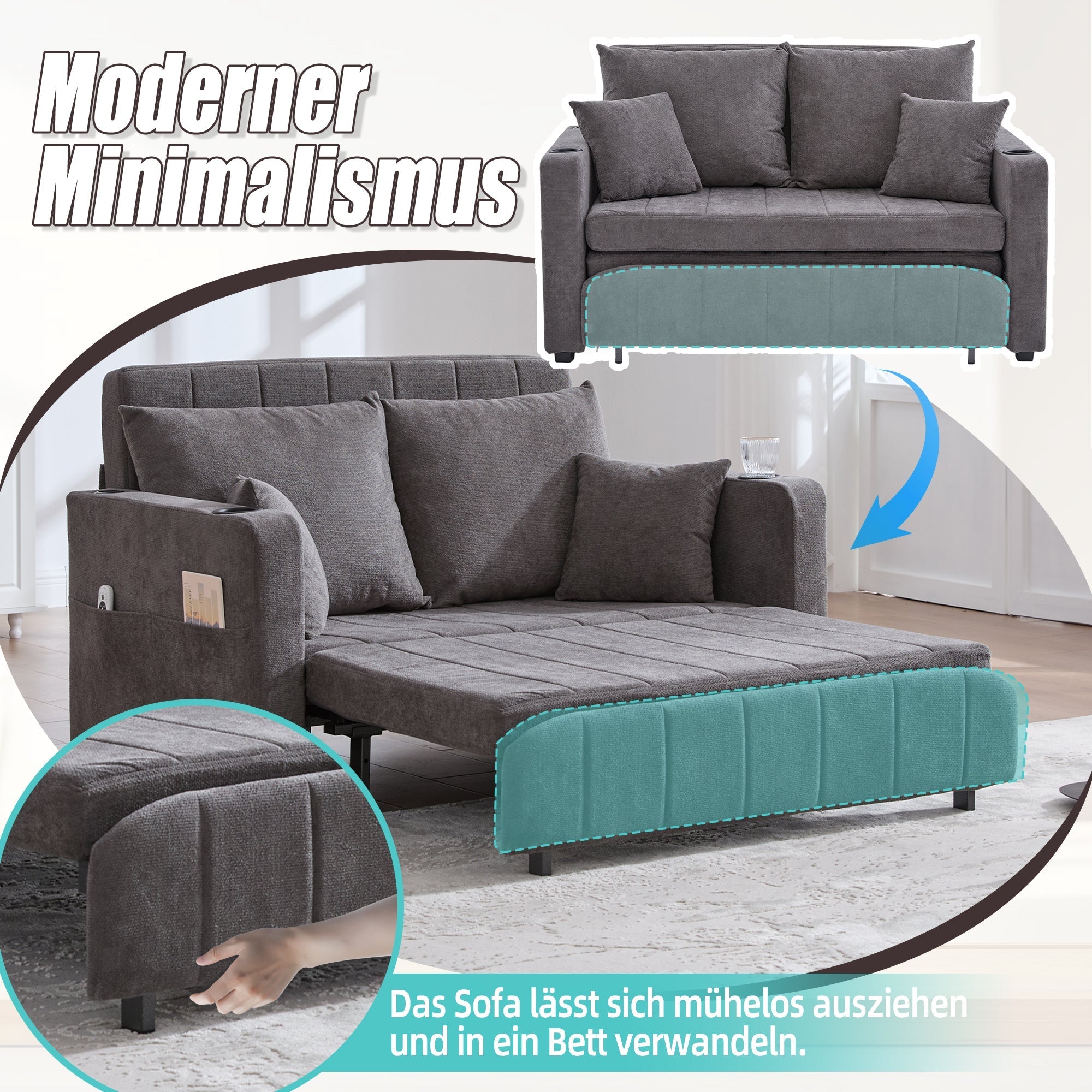 Chair, Multifunctional Folding Pull-Out Sofa with Storage, USB Charging, Cup Holder, Fabric