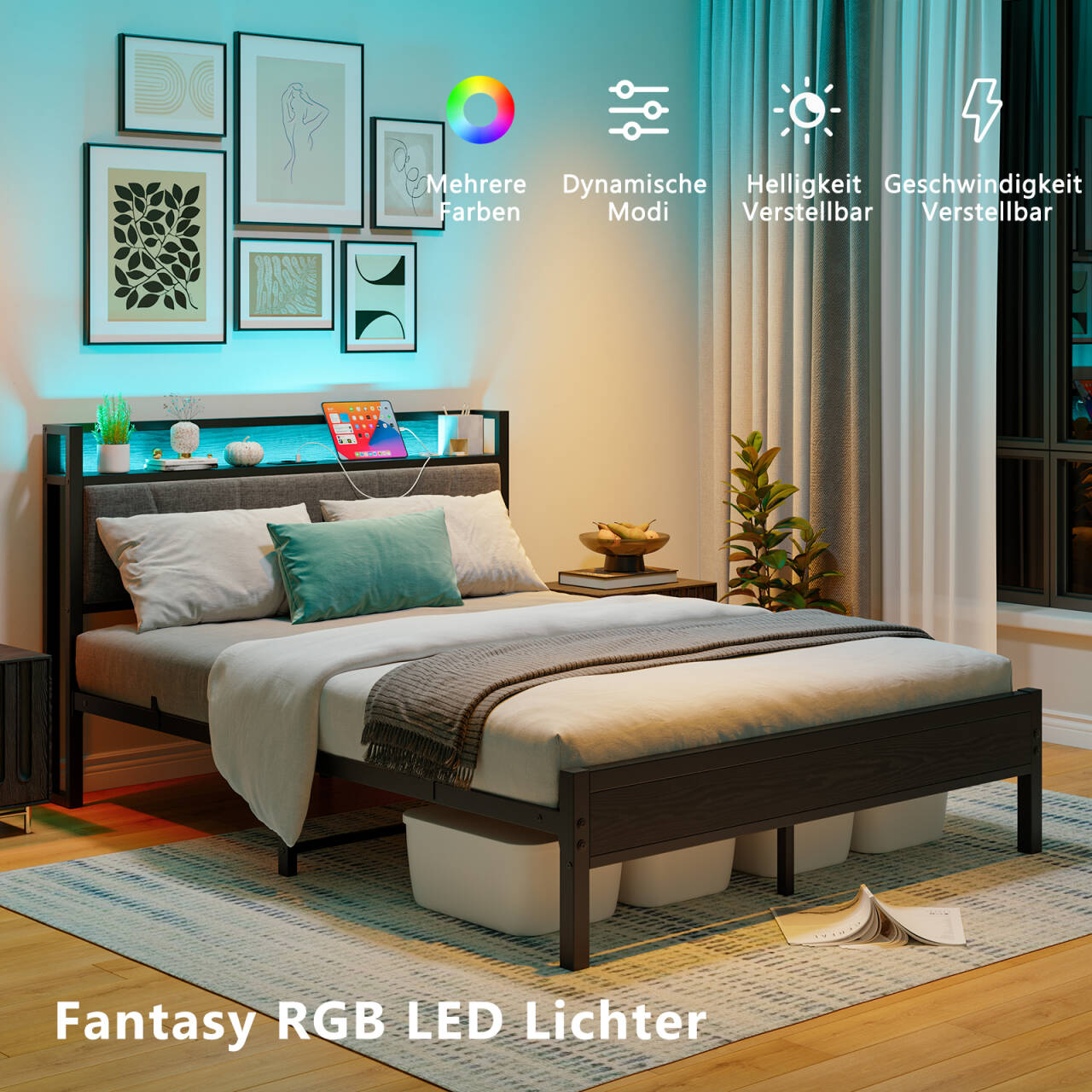 Bed Frame 140x200cm LED Headboard USB Charging - Metal Slats