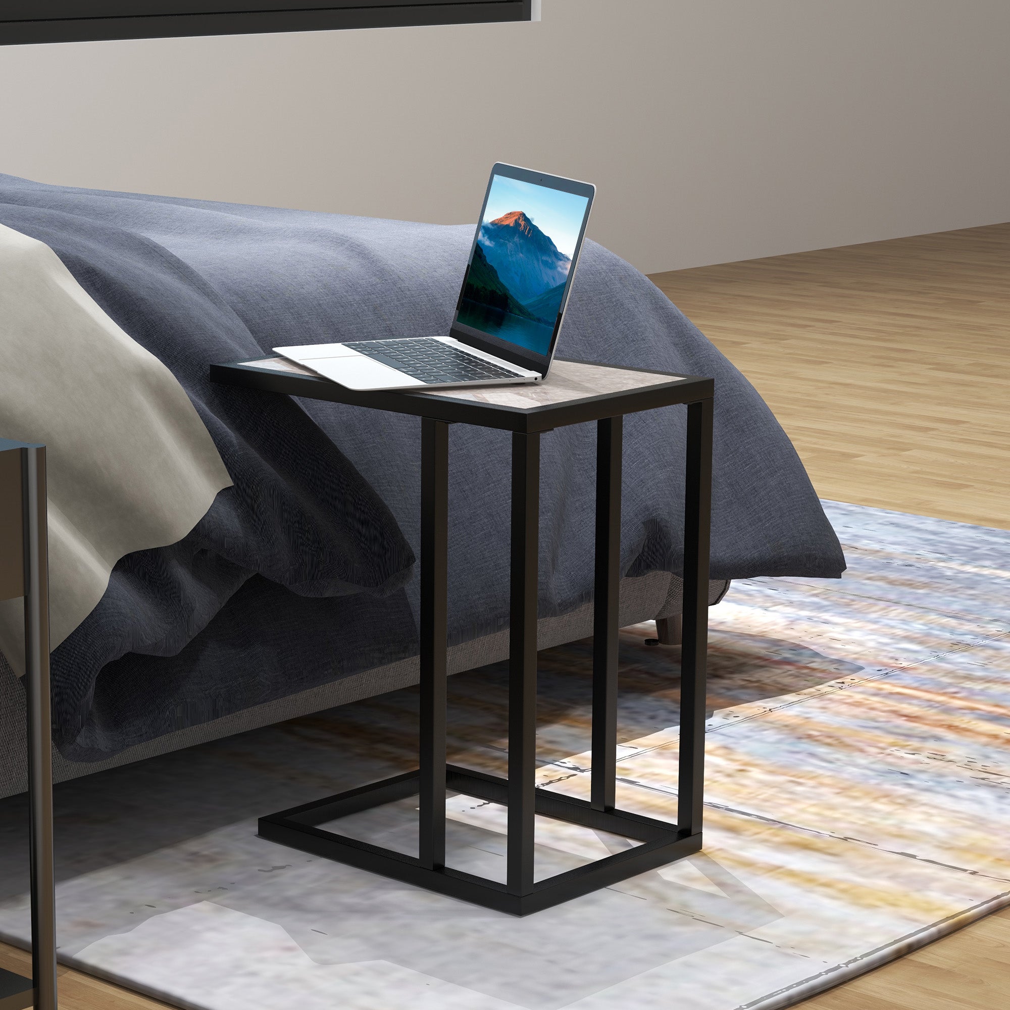 C Shape Bedside Table, Metal Frame Marble-Effect Top Snack End Table, Grey
