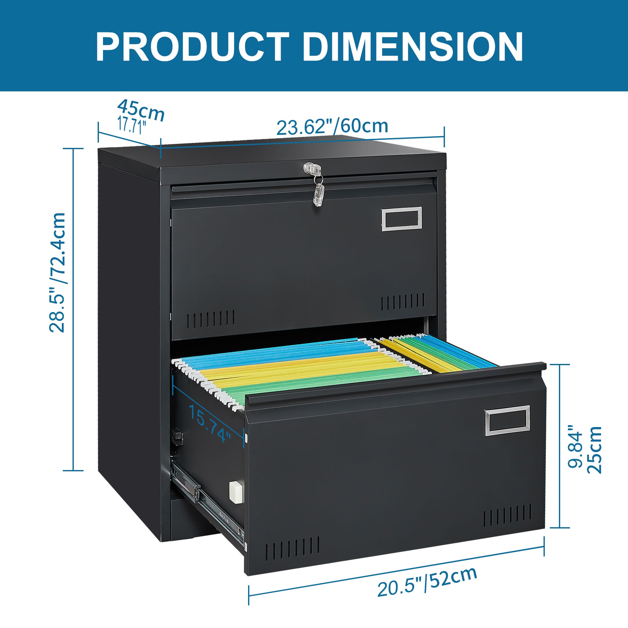 File Cabinet 2 Drawer Metal Lateral Locking Legal/Letter/A4 - Black