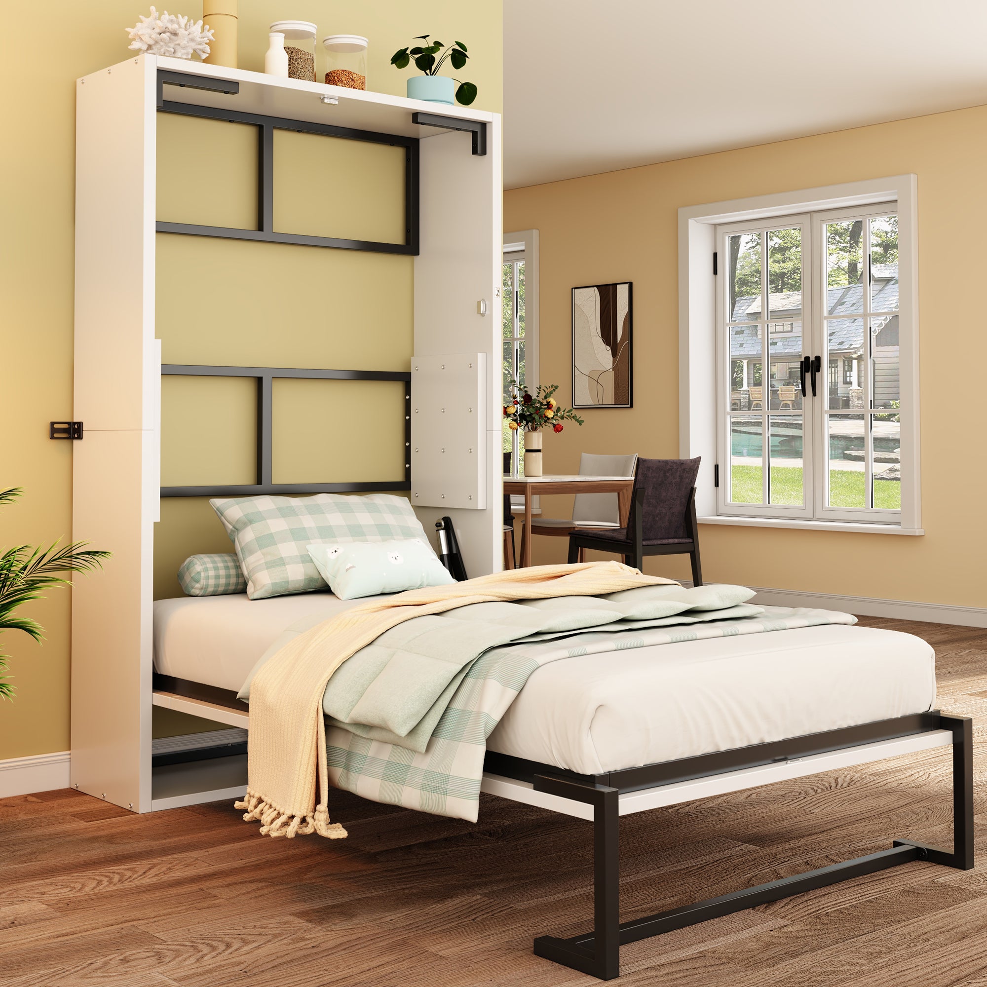 Murphy Wall Bed with Folding Metal Frame and Lockable Mounting, 90x200cm, Metal and Wood